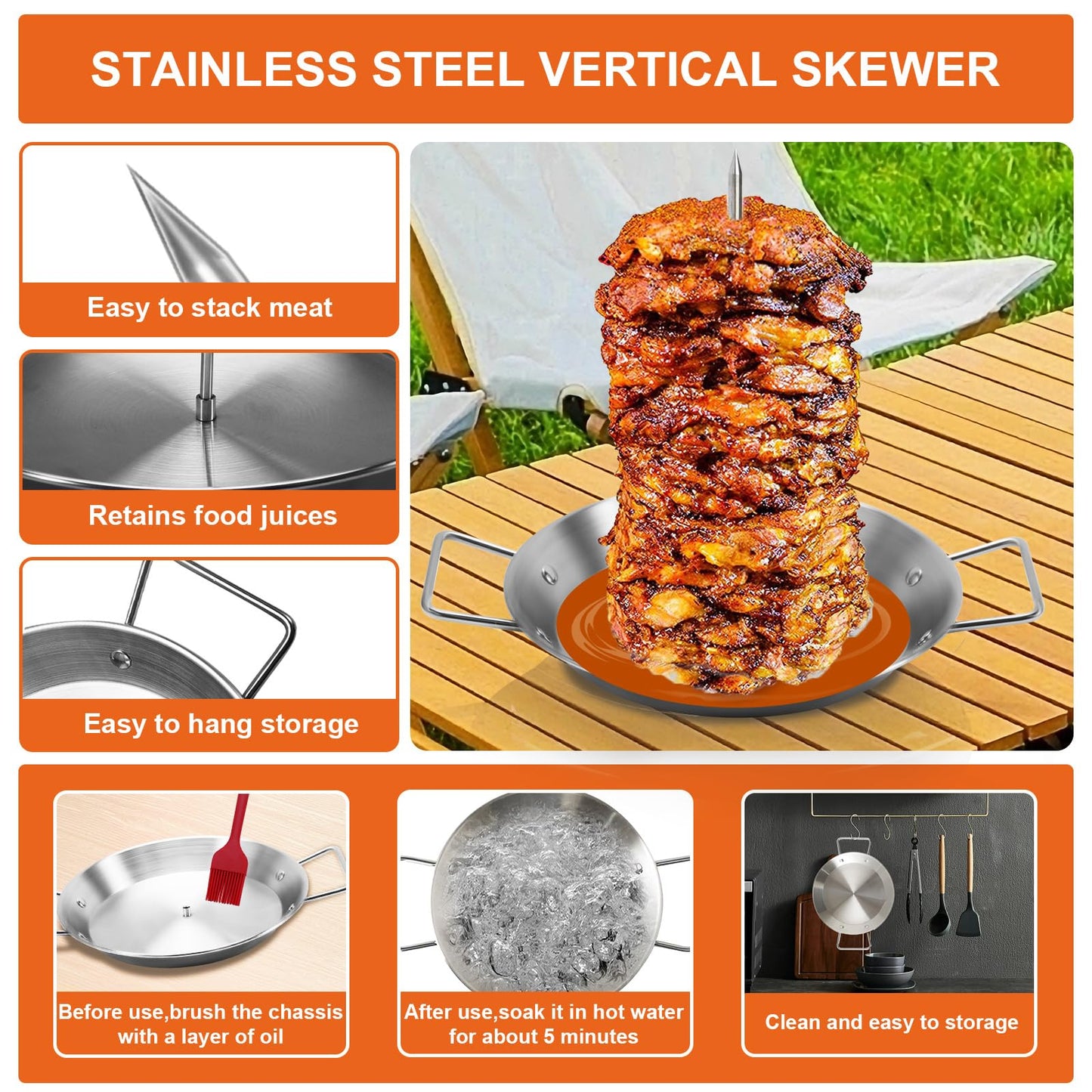 Al Pastor Skewer for Grill, Stainless Steel Vertical Skewer, Brazilian Vertical Spit with 3 Spikes(8”/10"/12”)& Brushes, for Tacos Al Pastor, Shawarma Kebabs Smoker Oven BBQ Dishes