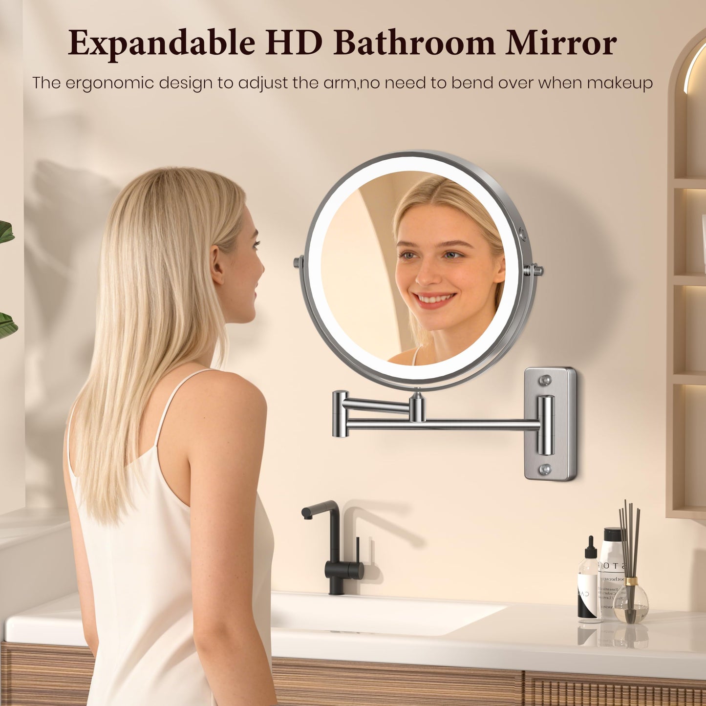 5000mAh Rechargeable Wall-Mounted Lighted Makeup Mirror, 15X HD Magnifying Mirror with 3-Color Dimmable LED Lights, Touch-Sensitive Control, 17" Extendable 360° Swivel Bathroom Mirror, Pearl Nickel