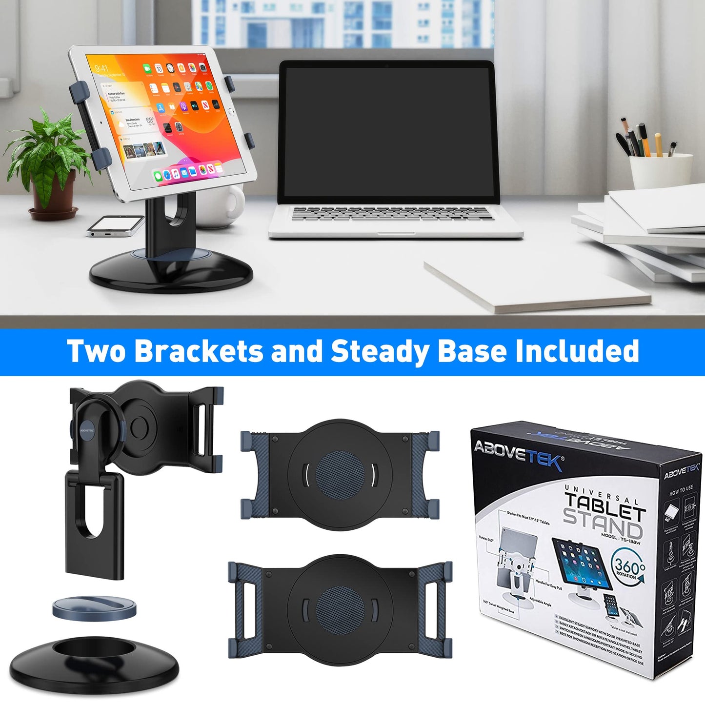 AboveTEK Retail Kiosk Tablet Stand, 360° Rotating Commercial Stand for 6-13" Display Tablets as Business Tablet Holder, Swivel Design for Store POS Office Showcase Reception Kitchen Desktop