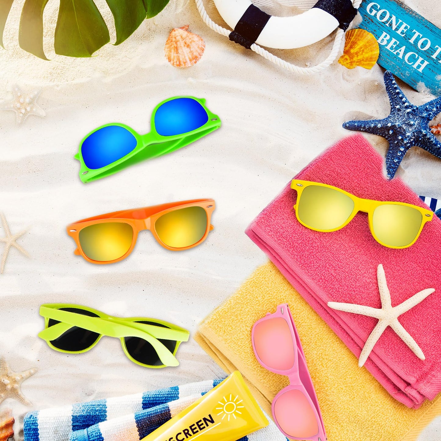 Bouiexye 36 Pack Neon Sunglasses with Colorful Lenses in Bulk for Birthday Beach Pool Party Supplies, 12 Bright Colors