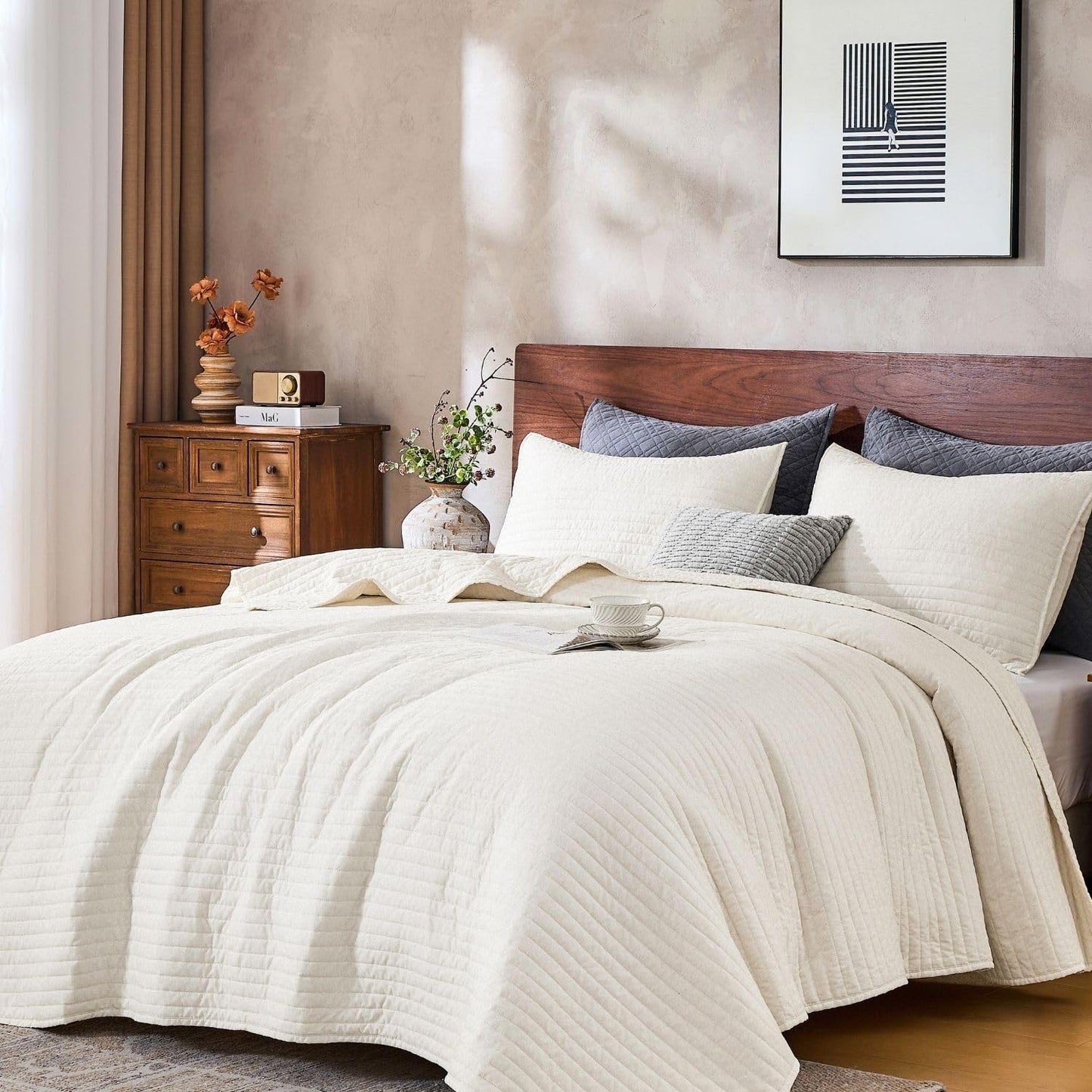 DOWN HOME Queen Quilt Bedding Set with Shams, Vintage Washed Soft Quilted Blanket Thin Comforter Lightweight Bedspread Coverlet Bed Cover, Brushed Microfiber Stripe Stitching, Linen White, 86"x90"