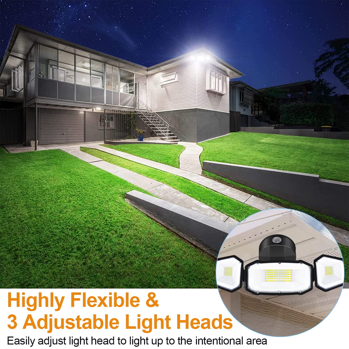 FLITI 50W Flood Light Outdoor, 5000LM Super Bright LED Flood Light, Switch Controlled Security Lights with 3 Adjustable Heads, IP65 Waterproof, 5000K Wall Mount Outdoor Light for Porch, Garage, Yard