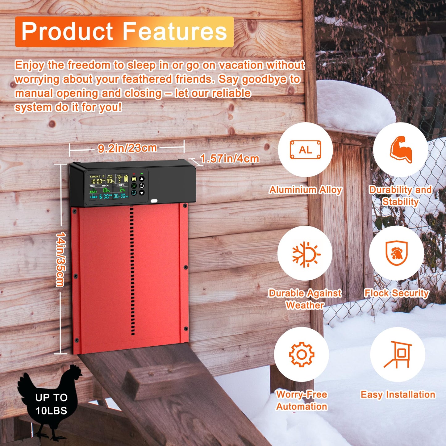 ZenxyHoC Automatic Chicken Coop Door Solar Powered with Remote Control, Aluminum Chicken Door with Programmable LCD Display, 4 Operating Modes Controlled by Timer and Light Sensor