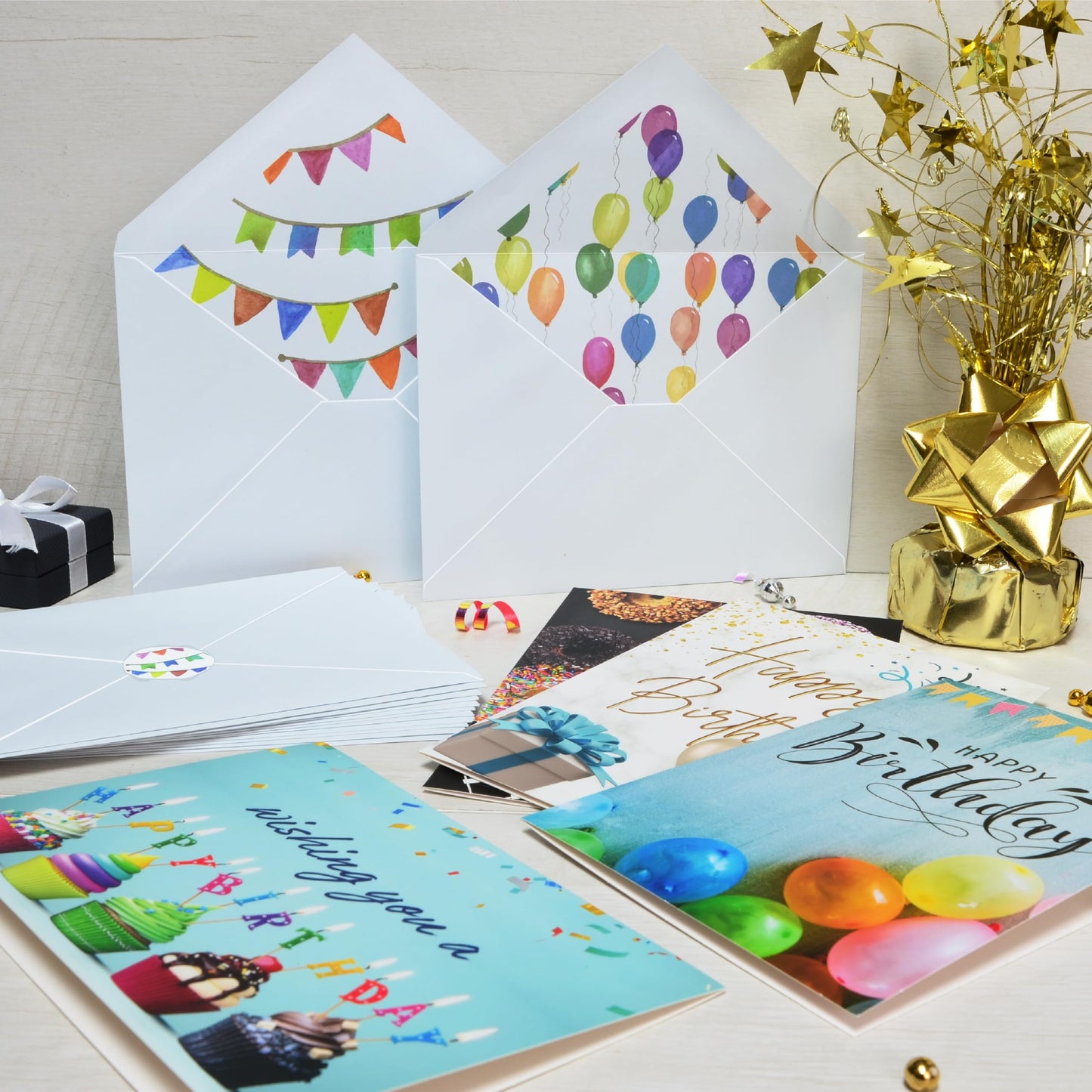 100 Happy Birthday Cards in Bulk with Envelopes , Stickers and Generic Birthday Greetings Inside – Large 5x7 Inches, 20 Unique Designs Notes, Thick Cardstock , Matte Finished in a Sturdy Box