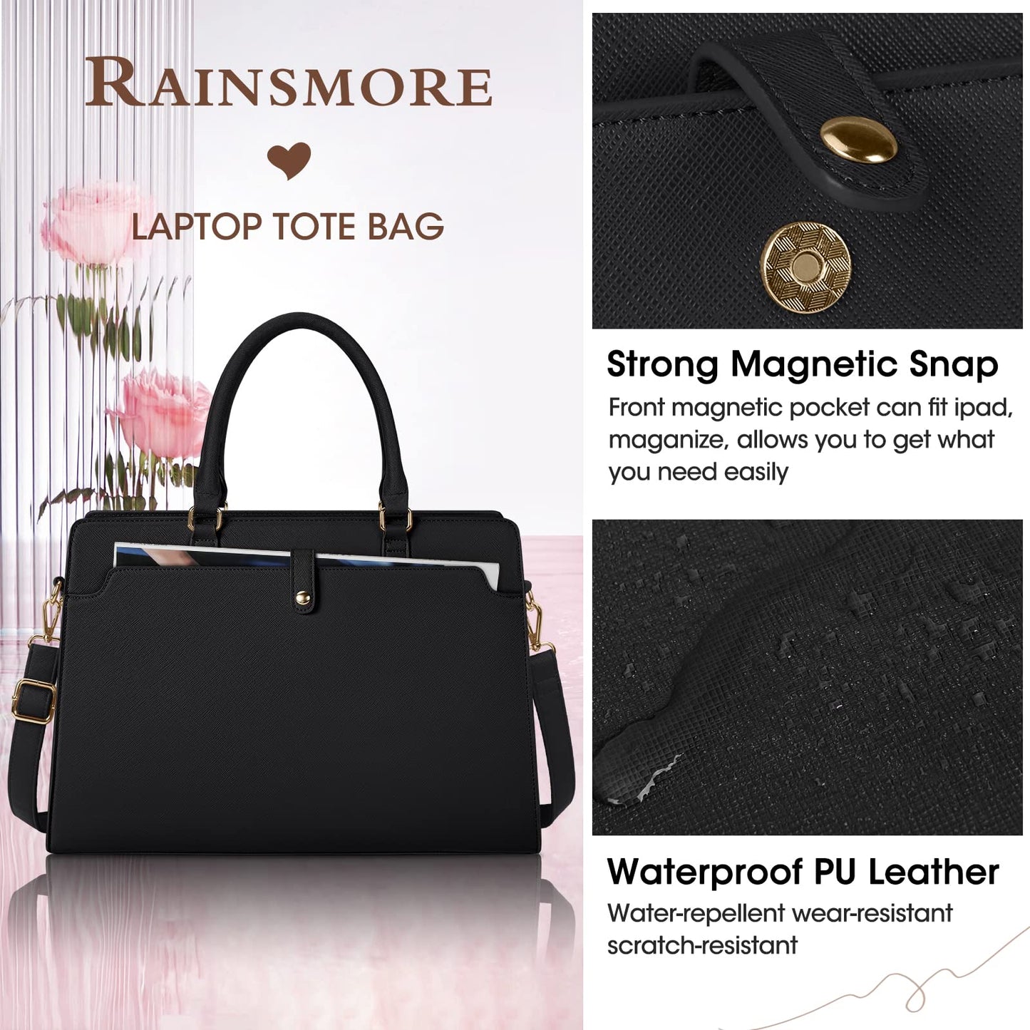 Laptop Bag for Women 15.6 inch Laptop Tote Bag Leather Large Capacity Work Tote Bag Waterproof Business Office Computer Bag Women Travel Handbag Shoulder Bag, Black