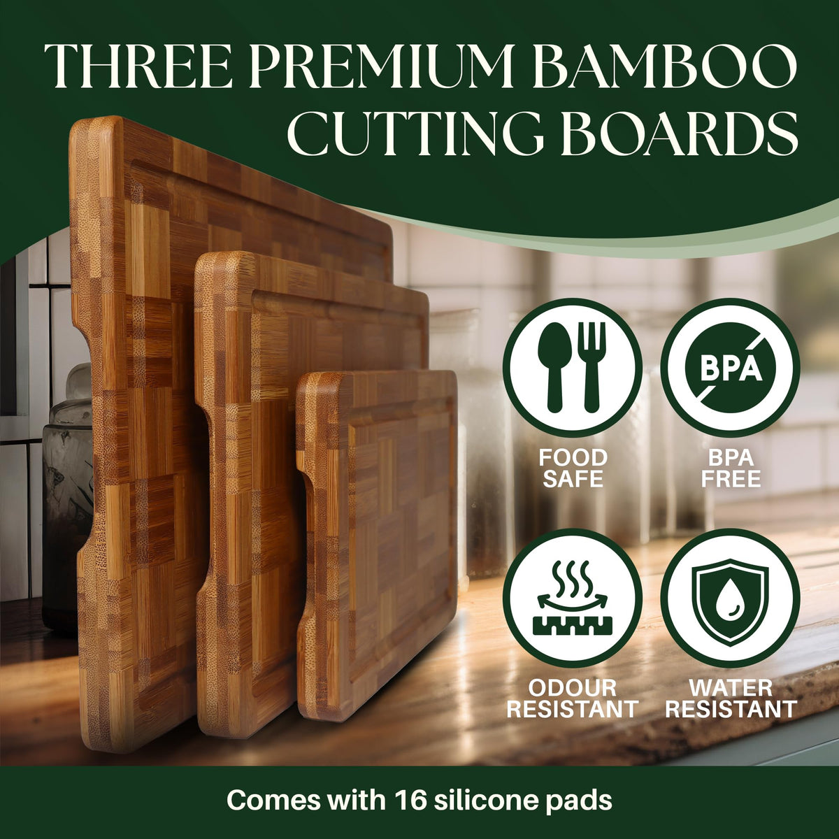 CLOVR End Grain Bamboo Cutting Board Set of 3 – Pre-Oiled Wood Cutting Boards for Kitchen with Handles, Juice Grooves & Non-Slip Pads – Small, Medium & Large Chopping Boards for Meat & Charcuterie