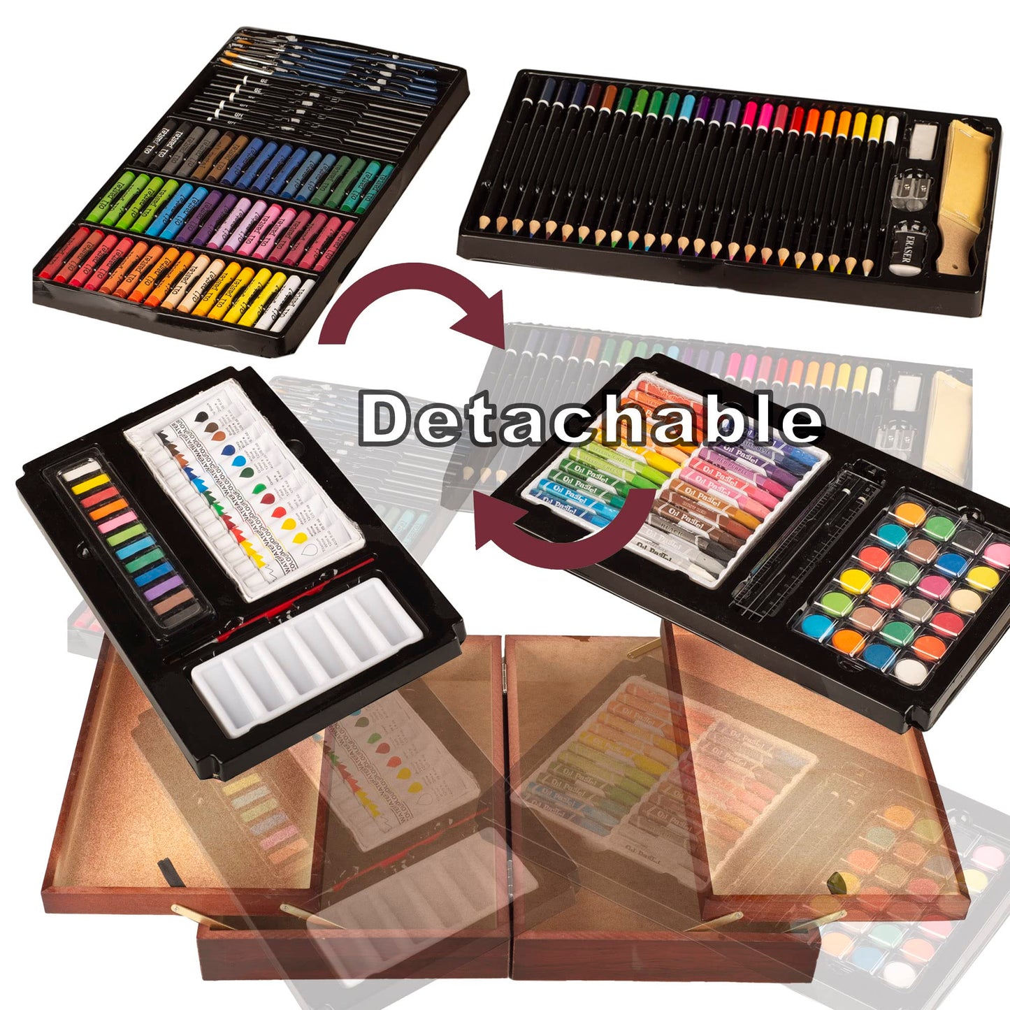 KINSPORY Art Supplies, 168-Pack Deluxe Creative Christmas Gift, Wooden Art Set Crafts Drawing Painting Coloring Kit with 1 Coloring Book, 2 Sketch Pads for Artist Beginners Kids Girls Boys (Deep Brown)