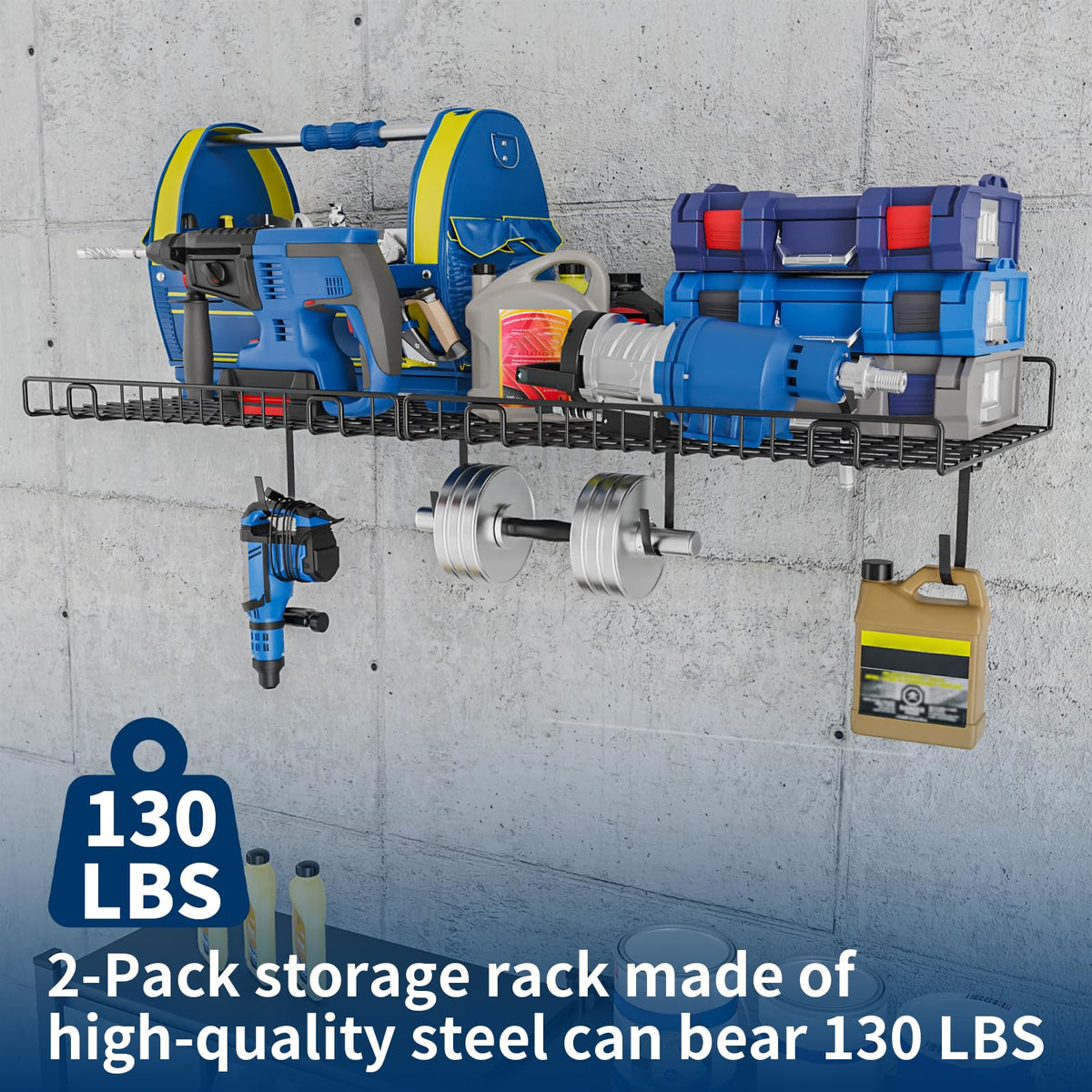 2 Pack Garage Wall Shelf,Wall Mounted Storage Shelves,Heavy Duty Metal Shelves for Room Wall, Loads 130 LBS Floating Shelf Mesh Storage Rack for Garage, Office, Basement, Cabinet and Kitchen