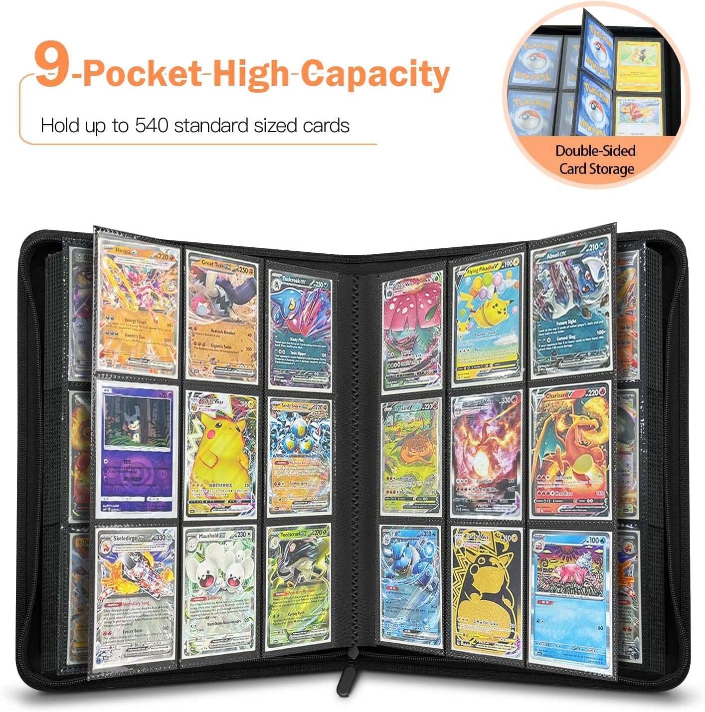 Card Binder 9 Pocket, Trading Card Zip Binder, 30 Side-Loading Pages, 540 Cards, Folder for Collectible Games (Black)