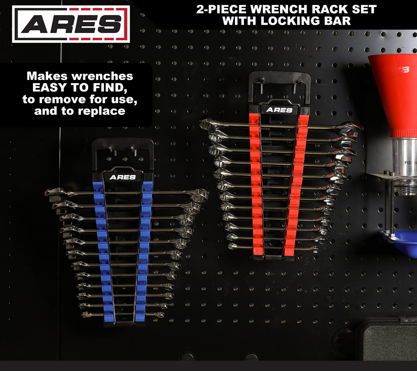 ARES 62043 – 2-Piece Wrench Rack Set with Locking Bar - SAE Rack Holds 1/4-Inch to 1-Inch Sizes - Metric Holds 6 to 25mm Sizes – Locking Metal Clip Secures Wrenches