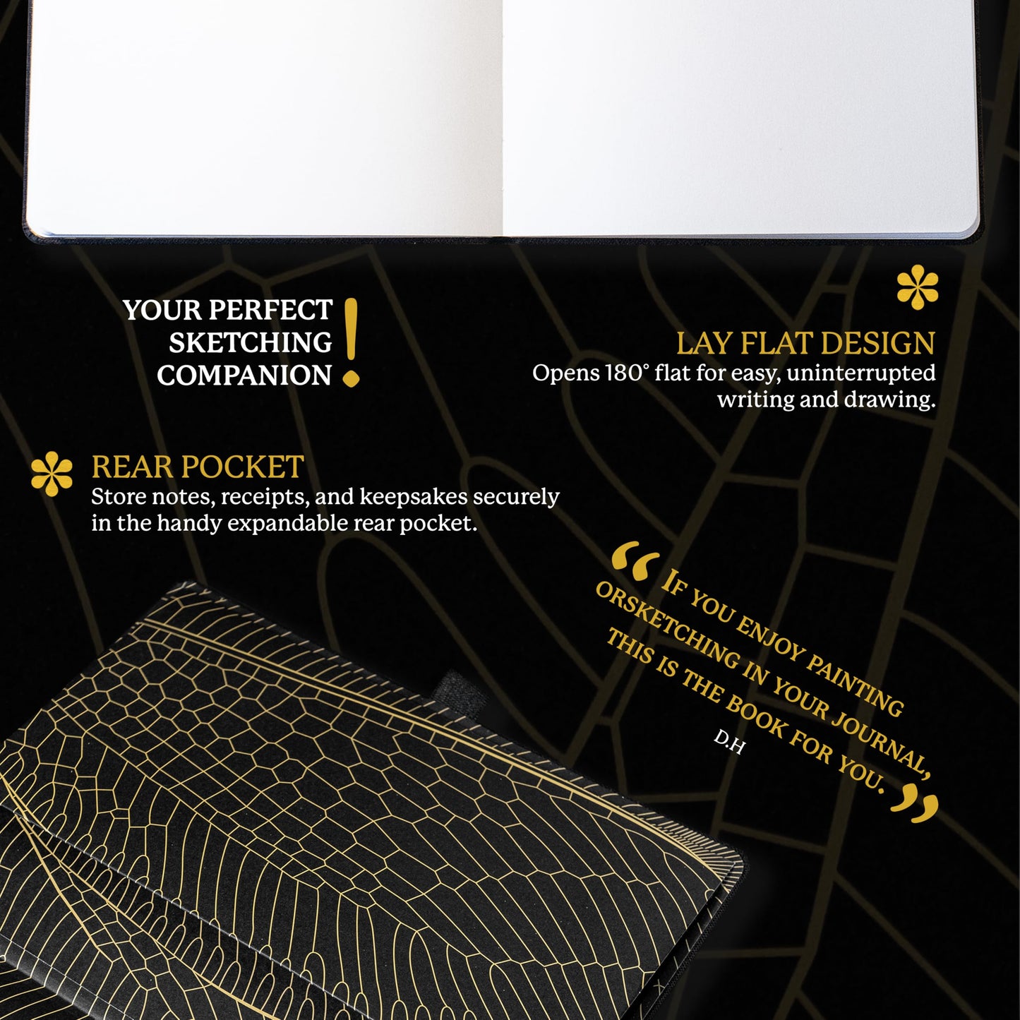 Dingbats - Pro Dotted Large Notebook, Black Bee, B5 - Hardcover -60gsm Ink-Proof Watercolor Paper - Includes Pocket, Elastic Closure & Bookmark