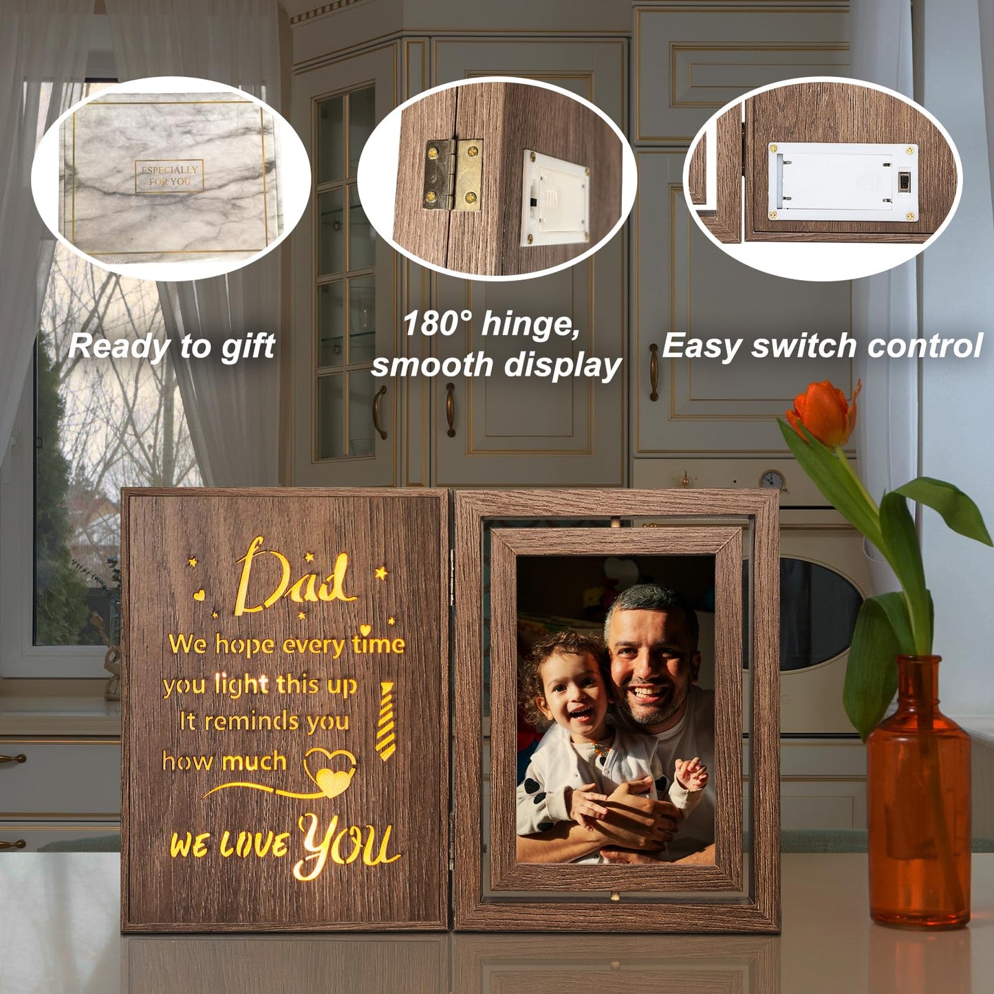 Dad Light Up Picture Frame Fathers Day Birthday Dad Gifts from Daughter Son, Holds 2 4x6 Photos
