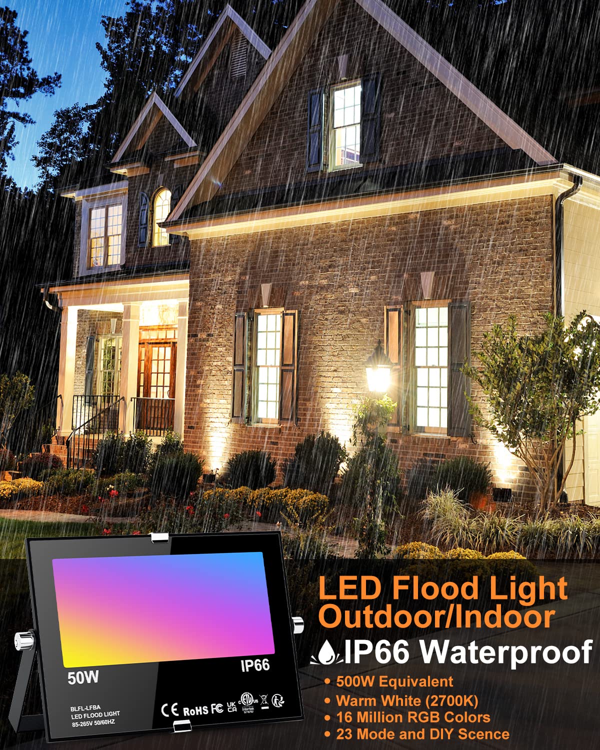 LED Flood Light Outdoor 500W Equivalent 5000 LM,Smart RGB Color Changing Floodlight with APP Control, Warm White 2700K&16 Million Colors, DIY Scene,Timing,Music Sync, IP66 Waterproof,US Plug（2 Pack）
