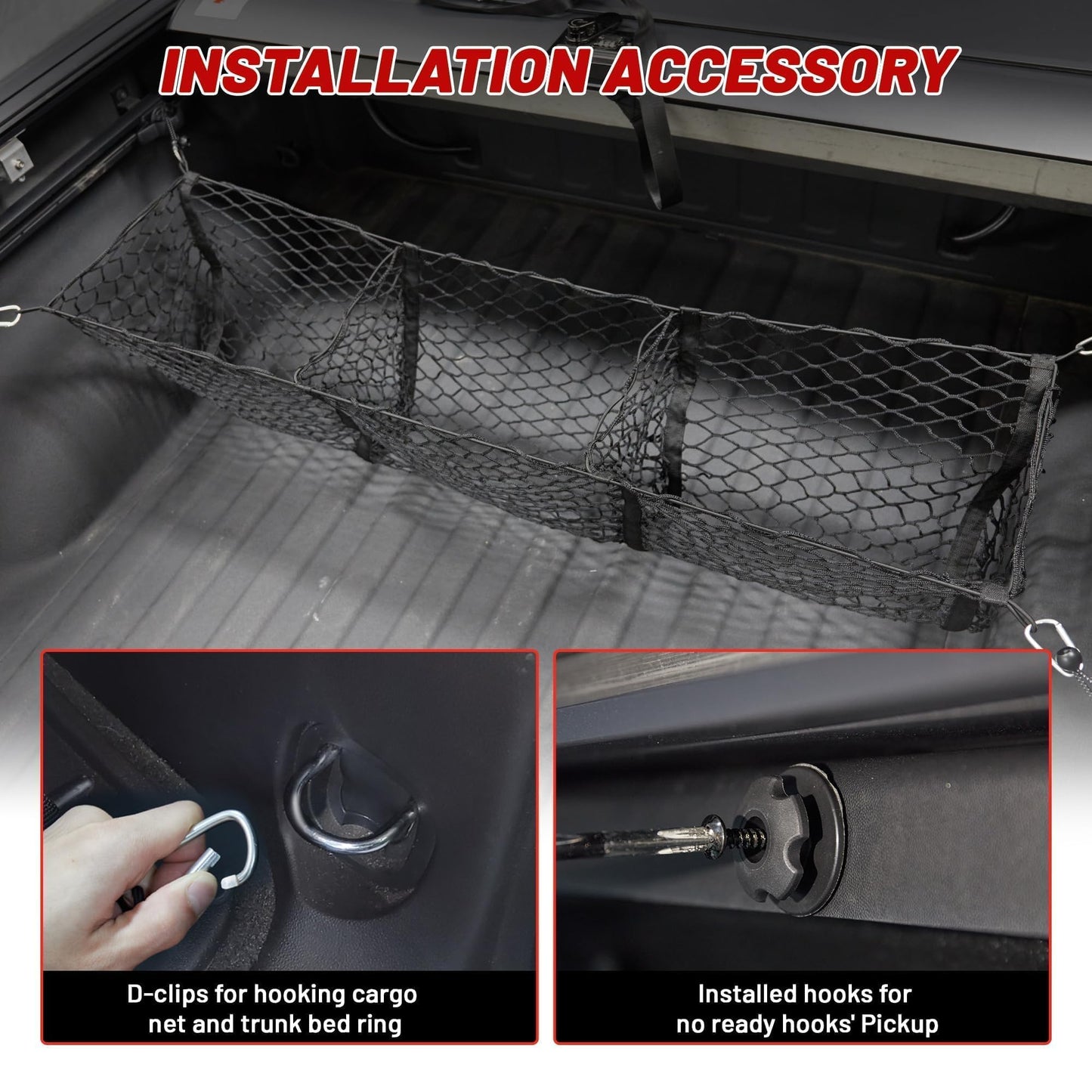RED WOLF 3 Pockets Cargo Net for Pickup Trunk Ford Dodge Chevy GMC Trunk Bed Storage Organizer Stretchable Rear Cargo Storage Mesh Netting (47.2X 11.8X 11.8 Inch)