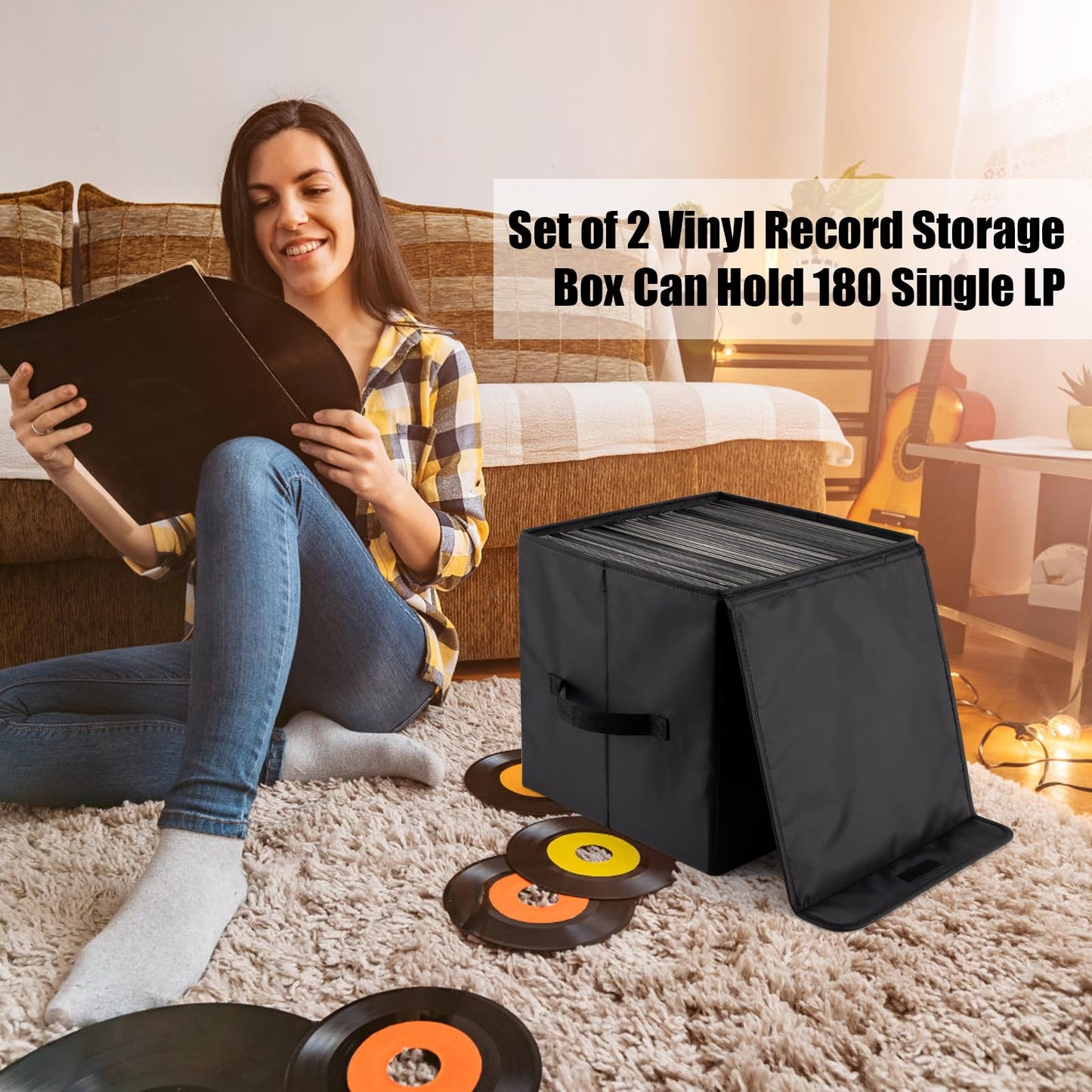 alavisxf xx 12-inch Vinyl Record Storage Box, Nylon Foldable and Stackable Set of 2 Vinyl LP Storage Organizer Case with Lid and Handles Can Hold 180 Single Record (12-inch)