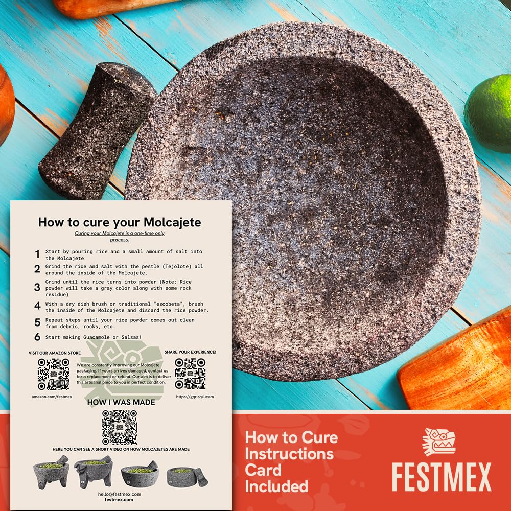 Genuine Handmade Mexican Mortar and Pestle, Molcajete de Piedra Natural Volcanica Stone, Heavy & Durable, Perfect for Homemade Salsas, Guacamole, and other Molcajete Plates | Made in Mexico (8 Inches)