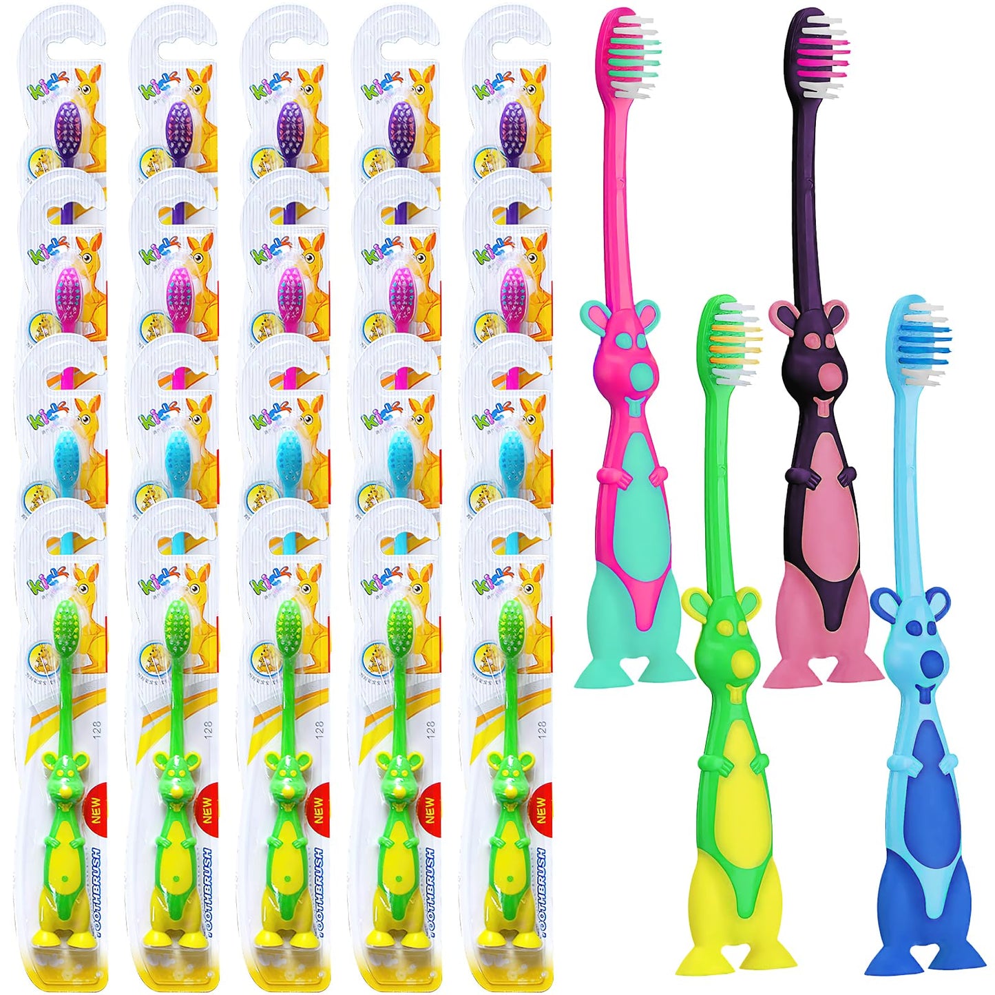 100 Pcs Kids Toothbrushes Bulk Cute Kangaroo Children's Toothbrush with Covers and Suction Cup, Individually Wrapped Soft Bristles Manual Baby Toothbrushes for School Daycare Travel Oral Hygiene