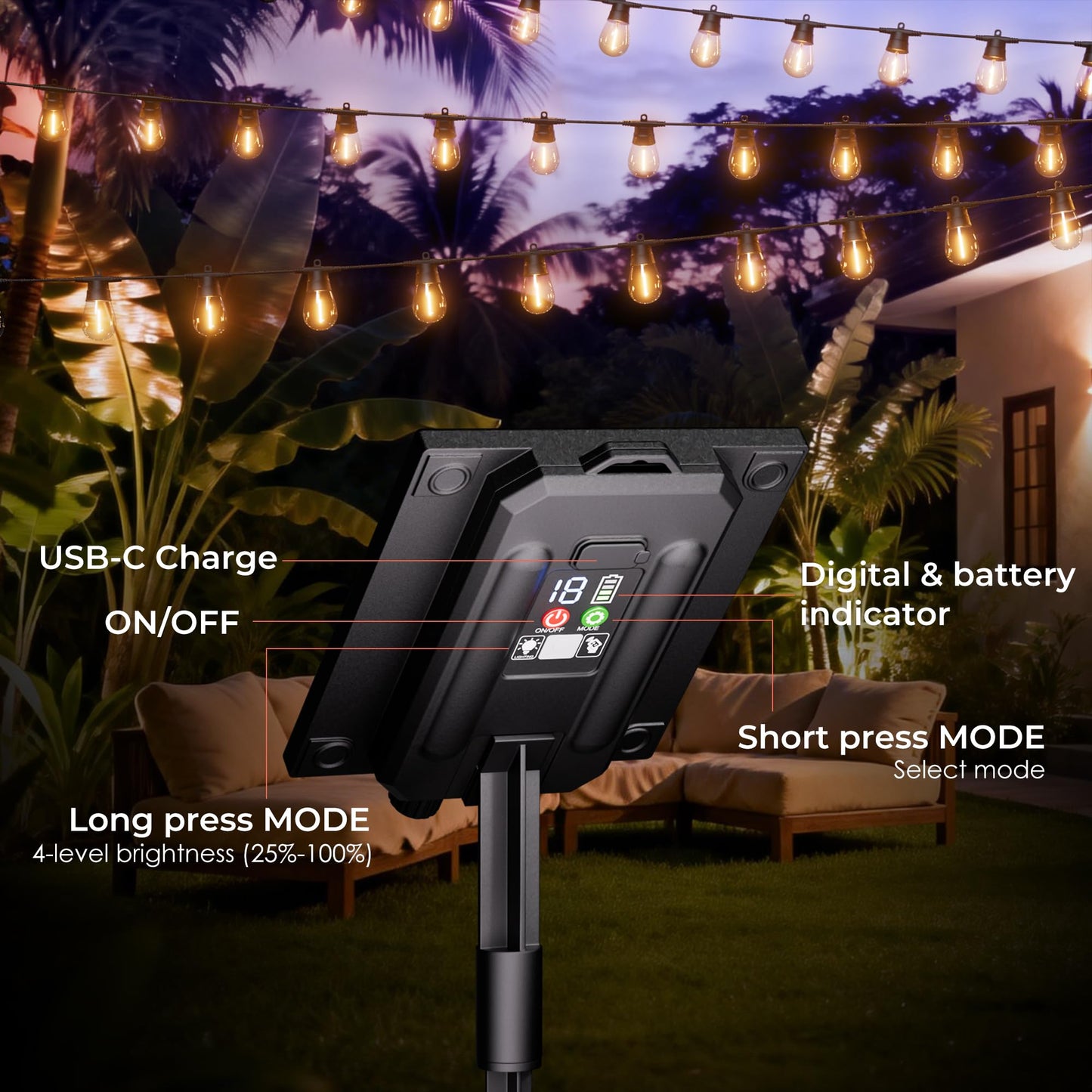 Quntis 53ft 15+2Bulb Solar String Lights Outdoor, 8 Lighting &4 Dimming Mode, USB-C & Solar Powered Patio Light String Outdoor, Digital Power Display, Waterproof Solar Light for Backyard Garden Gazebo