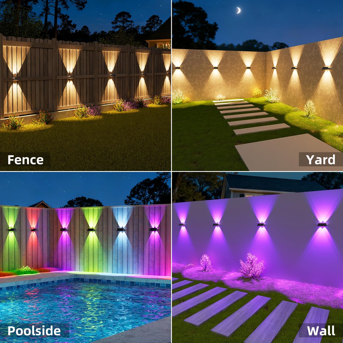NIORSUN Solar Fence Lights Outdoor, 8 Pack Up and Down Waterproof Solar Wall Lights, Fence Lights with Lens, Warm & Cool White + RGB, Dusk to Dawn Lighting for Patio, Backyard, Pool, Railing (Black)