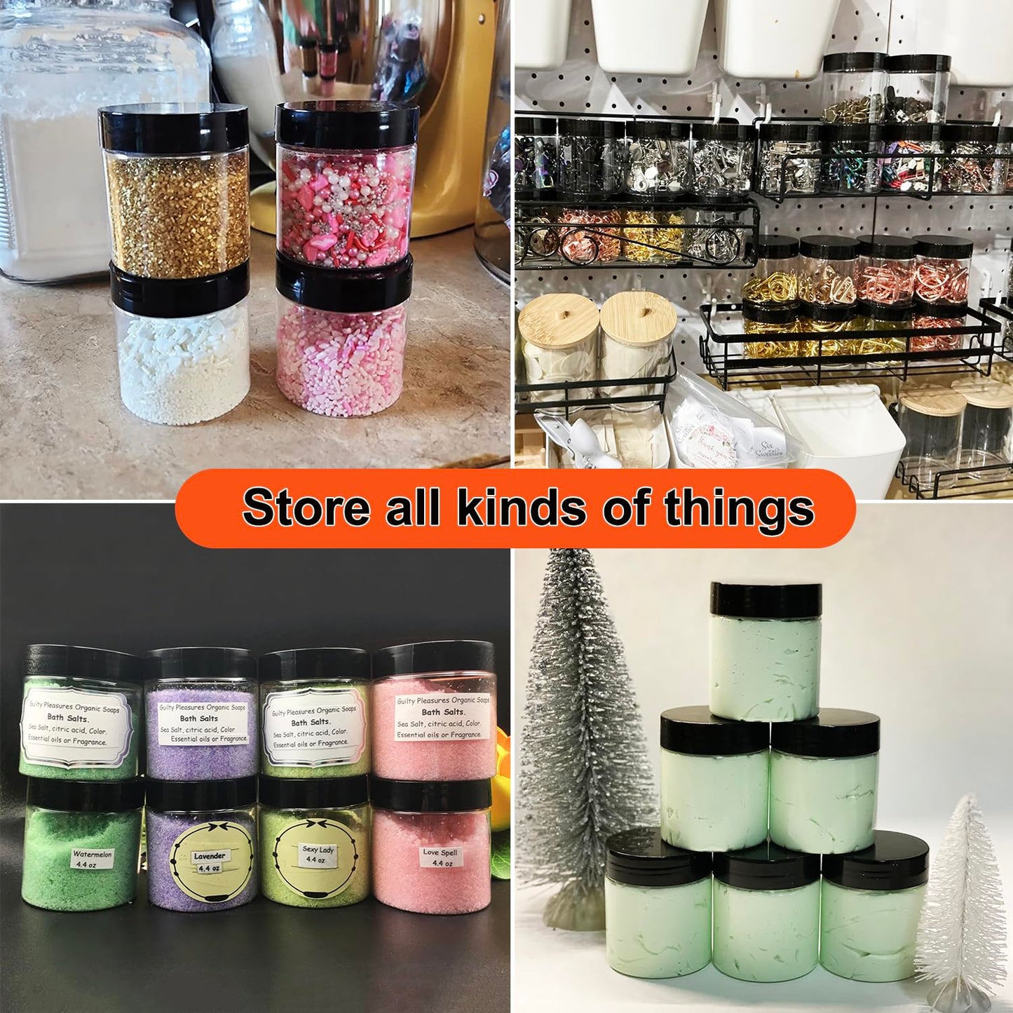 IHDYPPEW 48 Pack 8 OZ Clear Plastic Jars with Black Lids, Empty Plastic Mason Jars, Plastic Cosmetic Jars with Lids for Cream, Body Butters, Moisturizers, Candy, Beads, Samples (Clear)