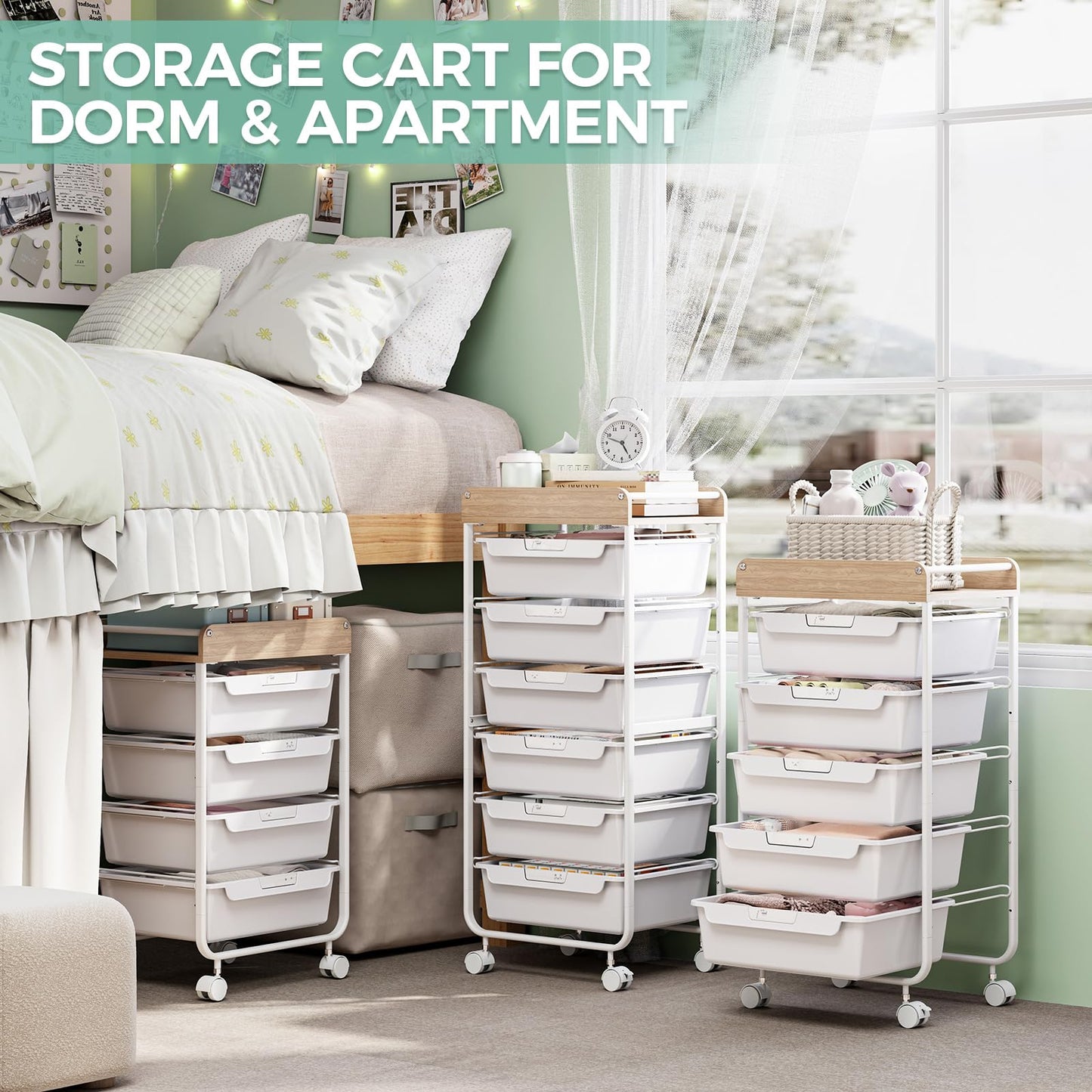 SYKIARIOL 4 Drawer Rolling Utility Cart with Wooden Top and Handle, Craft Storage Cart with Lockable Wheels, Multi-Purpose Organizer Drawer Cart for Home Office Bedroom Classroom，White
