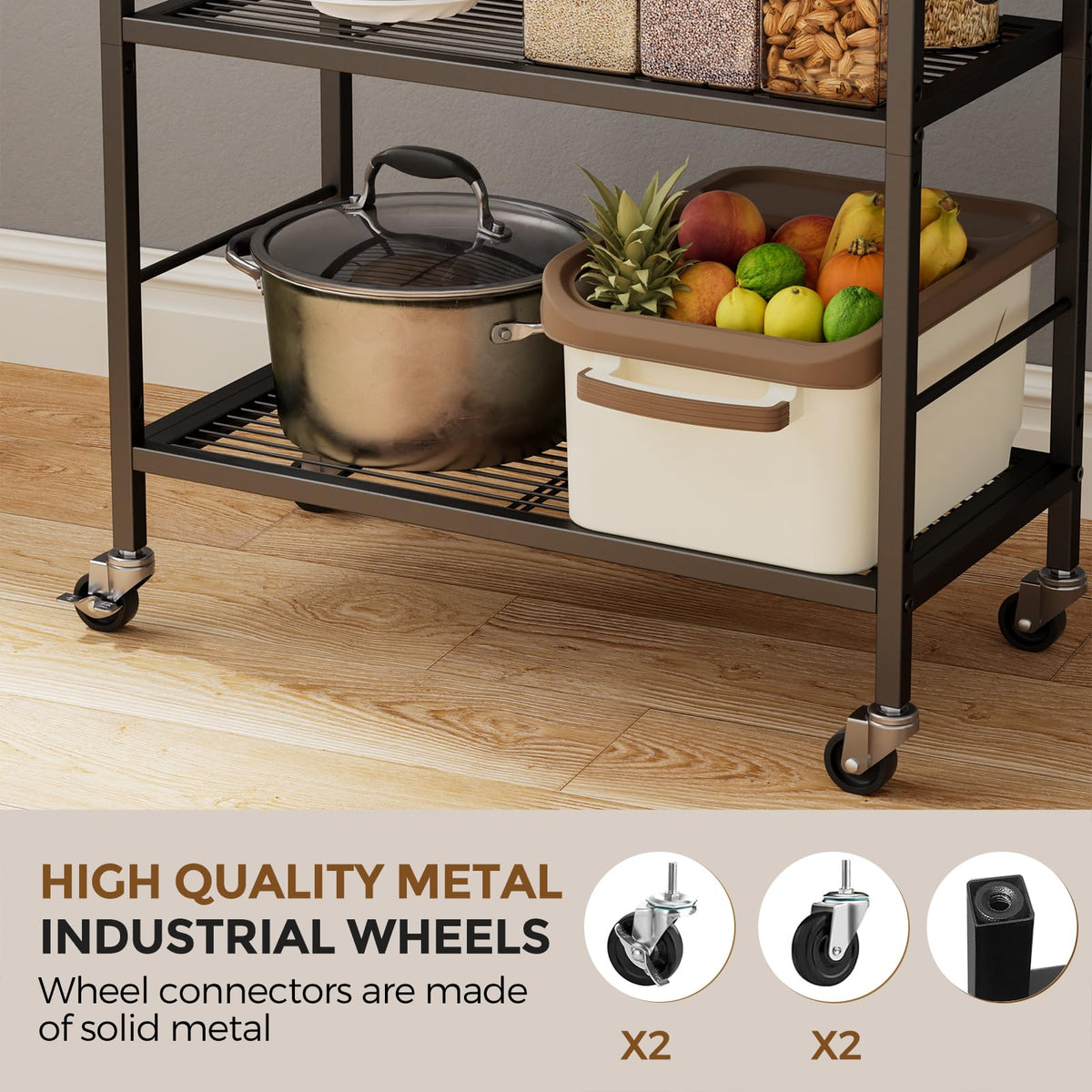 3-Tier Metal Storage Rack with Industrial Wheels,Mesh Shelving Unit with Wooden Table top,Adjustable Shelf,23.6-Inch Width,for Kitchen,Laundry,Pantry,Plant,Black