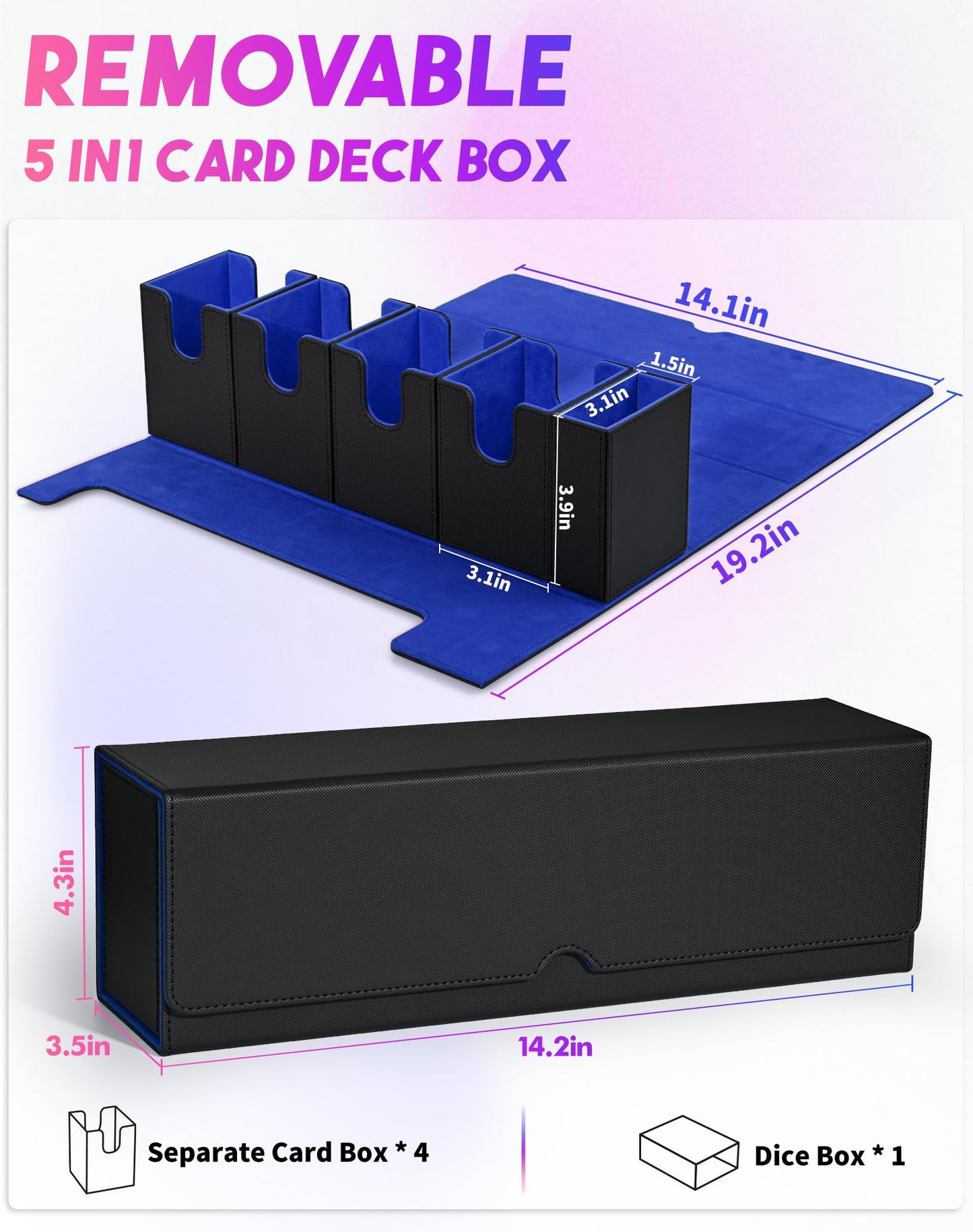 Card Deck Box with Dice Tray for MTG, 5 in 1 Deck Case Holds 800+ Unsleeved Cards, Strong Magnet Card Organizer Compatible with Yugioh TCG Sports (Black Blue)