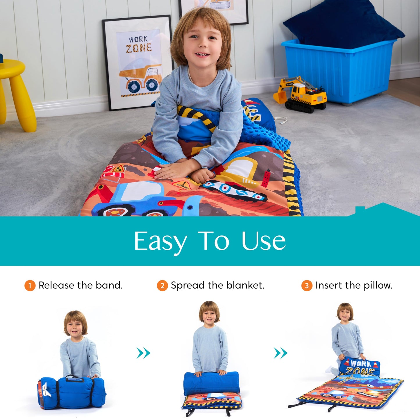 JOIEDOMI Toddler Sleeping Bag for Kids 55''x30'' Nap Mat with Removable Pillow and Minky Blanket for Toddler Ages 3-7 Roll Up Kids Sleeping Bag for Boys Girls Kindergarten Daycare Sleepover Vehicle