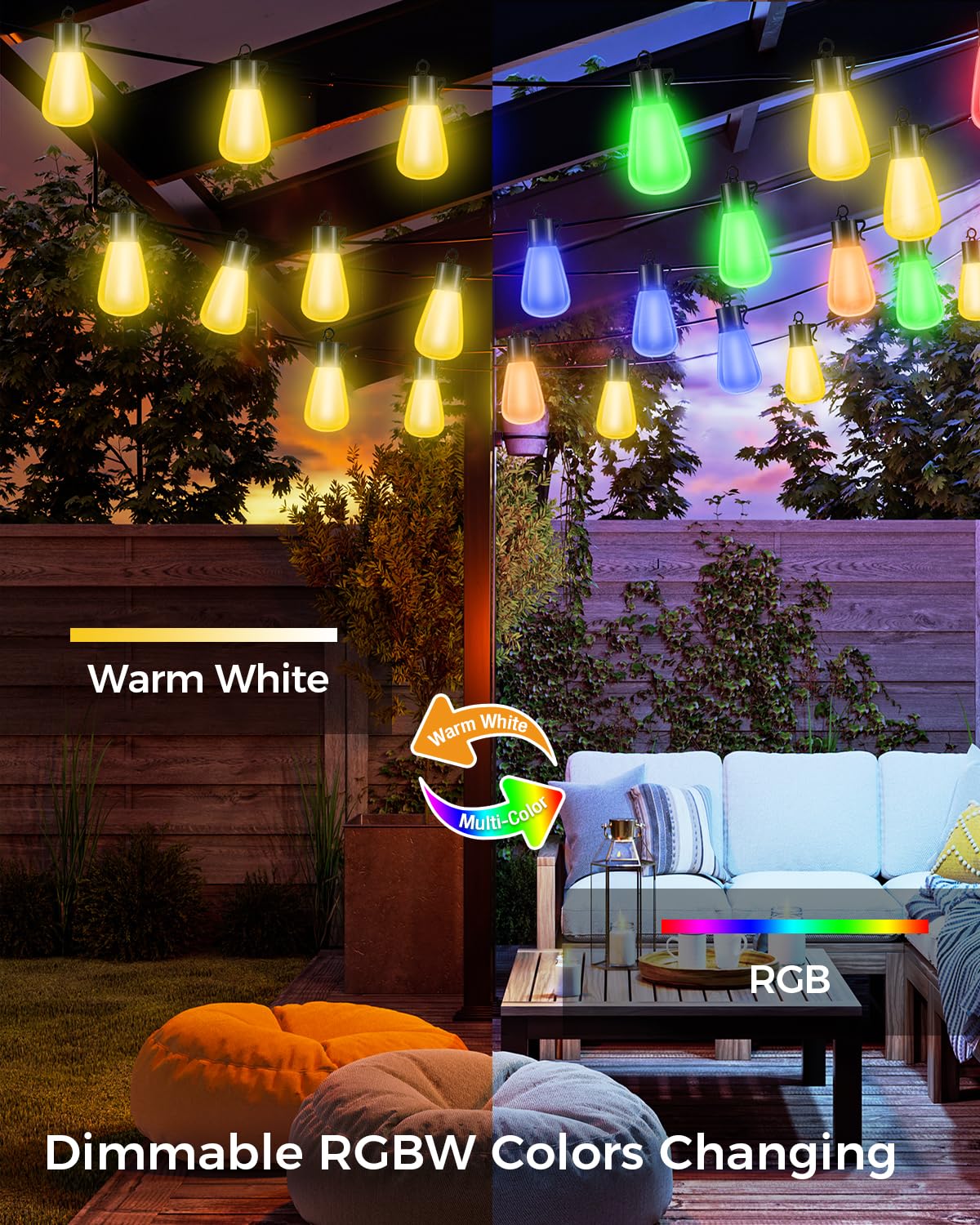 litogo 60FT Color Changing Outdoor String Lights with Remote - Dimmable LED RGB Patio Lights for Outside with Shatterproof Waterproof Edison Bulbs for Yard Gazebo Party Wedding Holiday