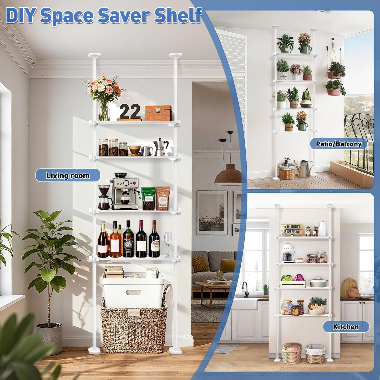 SUNALLY Over The Toilet Storage Shelf, 4-Tier Adjustable Over Toilet Bathroom Organizer,Tension-Mounted Bathroom Storage Rack for Ceilings, No Drill Space-Saving Shelving for Small Rooms, White