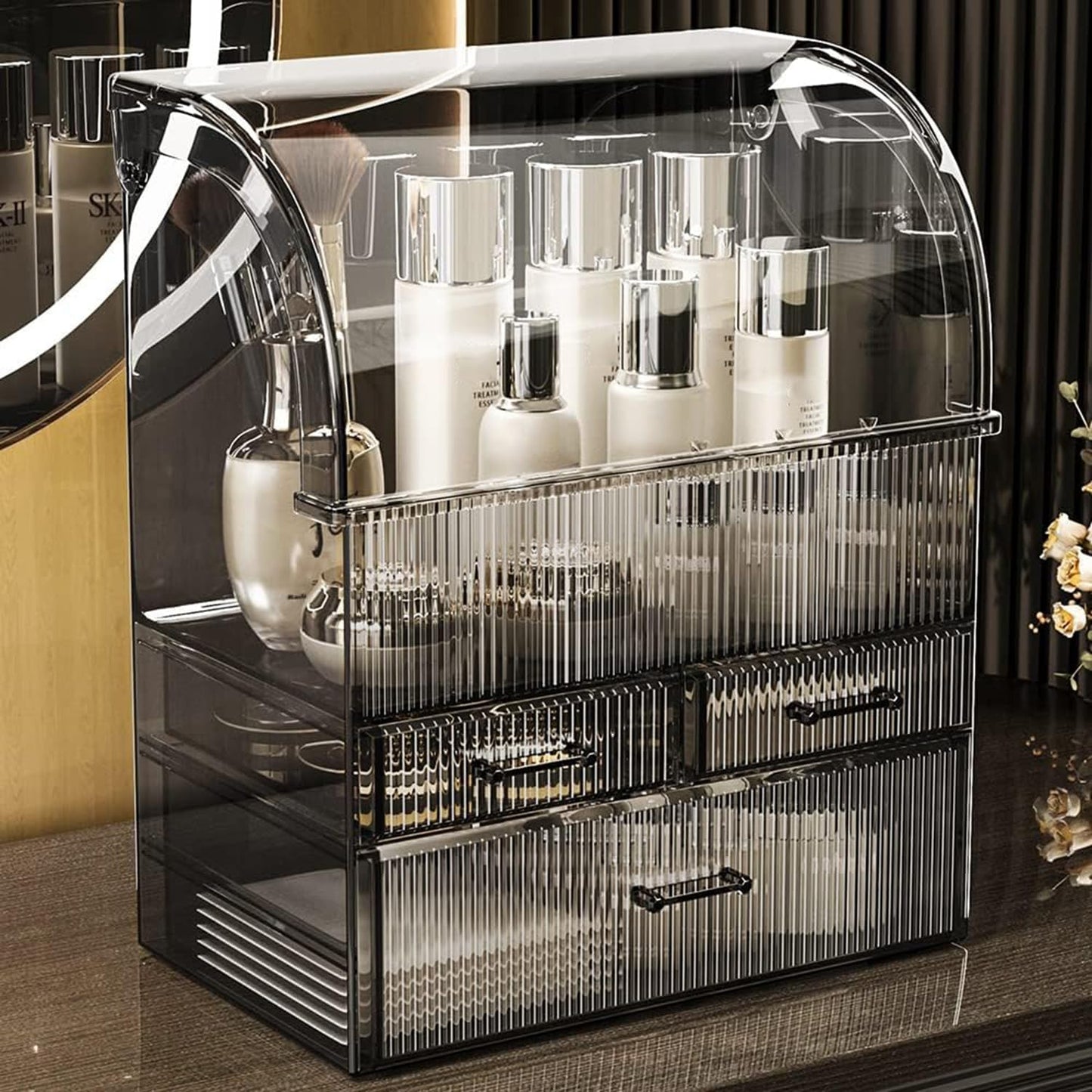 Rusunde Cosmetic Storage Organizer, X-Large Acrylic Clear Cosmetics Storage Display Case with Drawers, Perfume Makeup Organizer Box with Water Proof Cover for Counter, Bathroom, Dresser(Black-XL)