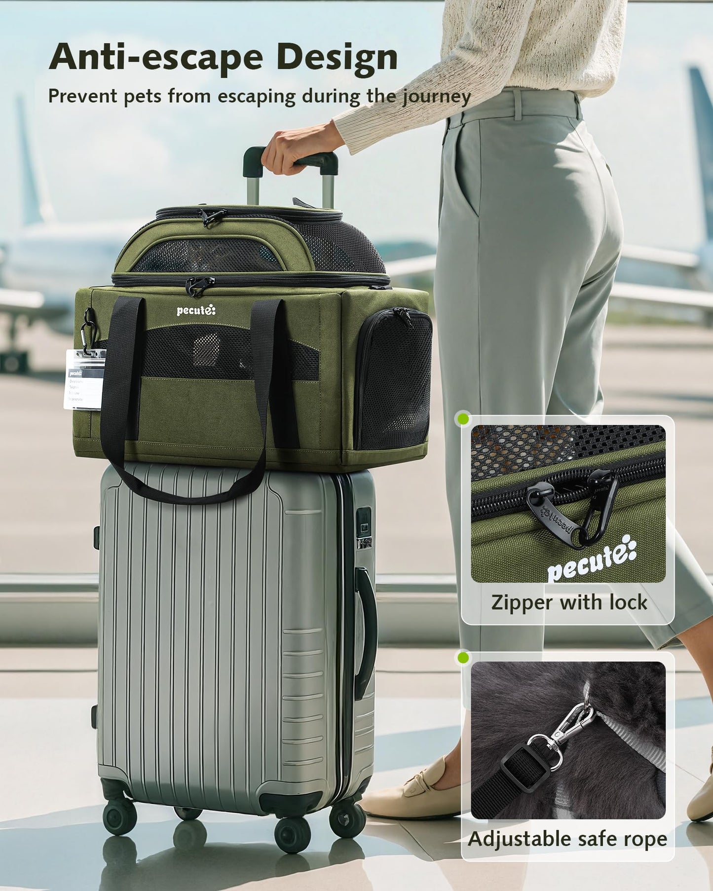 Pecute Top-Expandable Cat Carrier Airline Approved(42 * 28 * 23cm),Breathable Dog Carrier Soft-Sided Pet Carrier for Small Cats with Locking Safety Zippers and Waterprooff Pee Pad + Pet ID Tag,Green