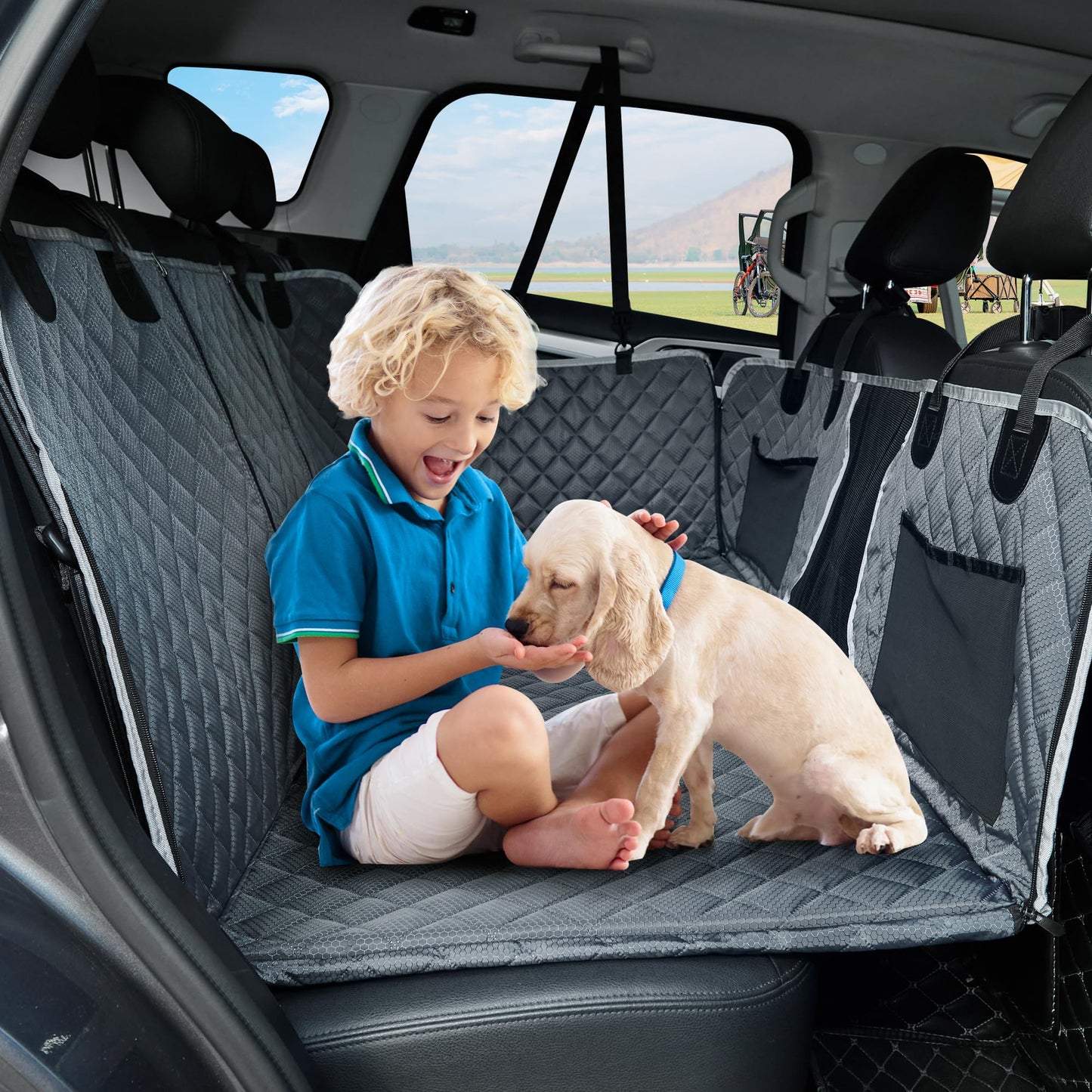 ANOSOSPECIAL Back Seat Extender for Dog,Waterproof Hard Bottom Dog Car Seat Cover for Back Seat Protector,Foldable Camping Pet Hammock Bed,Easy Clean Travelling Accessories Car SUV Truck (Grey)