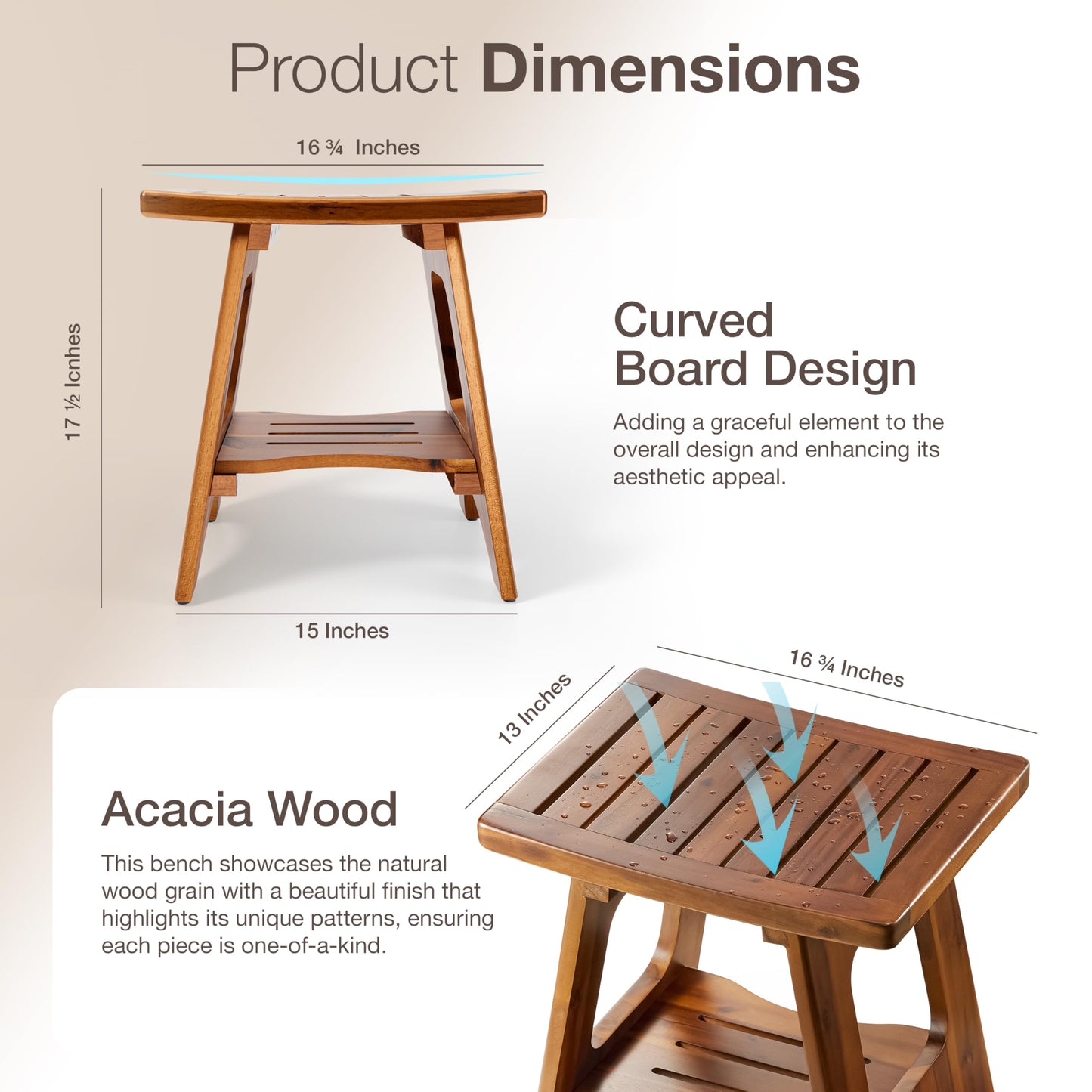 HOLANA Acacia Shower Bench for Inside Shower - Wooden Shower Stool Benches Waterproof for Shaving Legs - Bench Seat with Storage Towel Shelf for Bathroom - Tub Bench Chair Spa Bath (Acacia Wood)