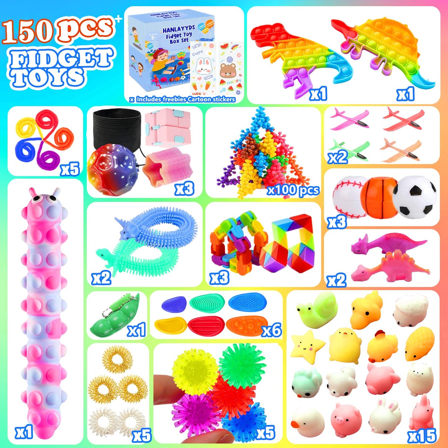 HANLAYYDS 150Pcs Fidget Toys Set, Sensory Pop Stress Relive Toys for Kids Adults Boys and Girls ADHD Anxiety Autism - Pinata Stuffers, Party Favors, Classroom Stress Relief Prizes (A-150Pcs)