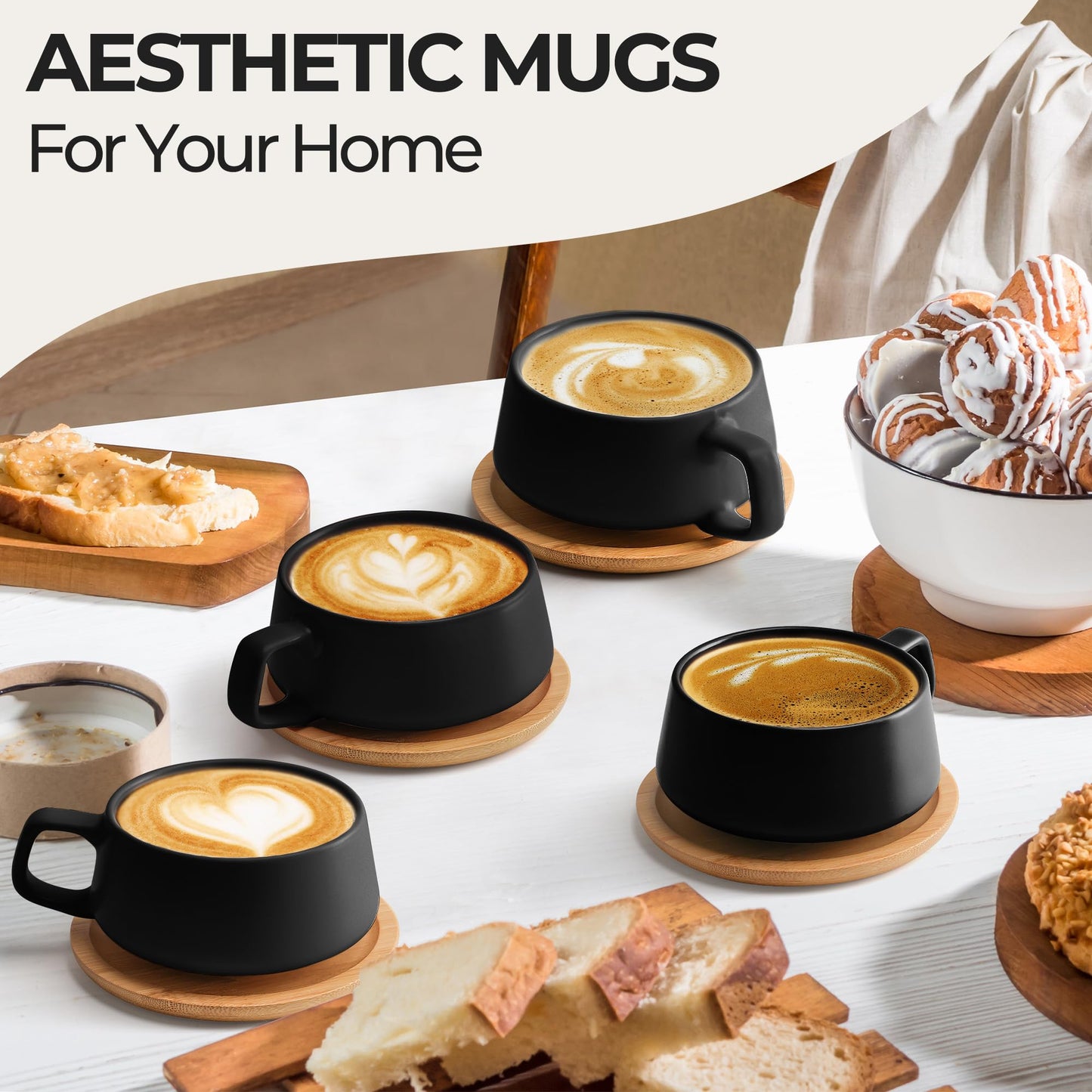 MIAMIO – 320 ml., Set of 4 Ceramic Tea Cup and Saucer Bamboo/Tea Mug - Wide Cappuccino Cup, Coffee Cups Ceramic Mug for Cappuccino, Latte, Espresso & Americano - Luxe Collection (Black)