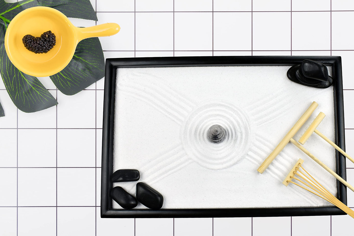 Artcome Japanese Zen Sand Garden for Desk with Rake, Stand, Rocks and Mini Furnishing Articles - Office Table Accessories, Mini Zen Sand Garden Kit - Meditation Gifts