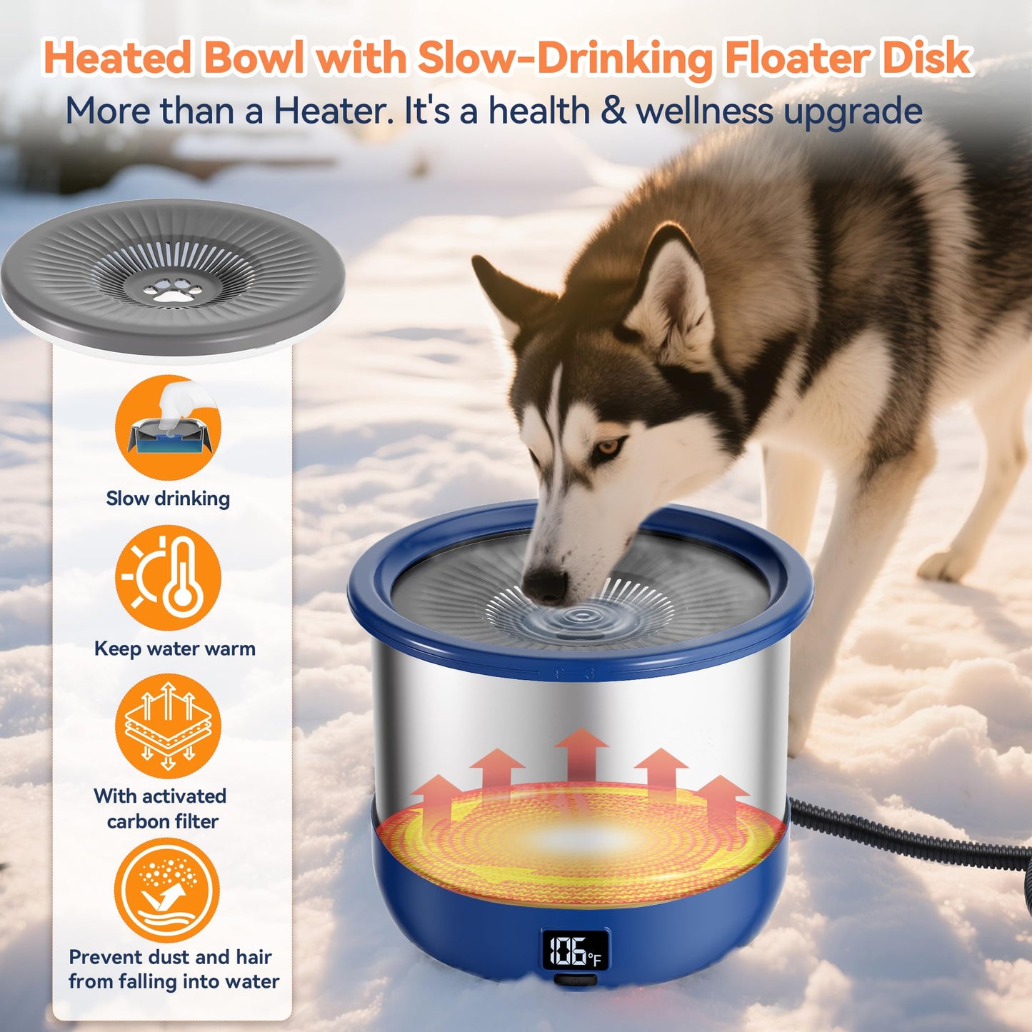 Twinsing 3.5L Heated Water Bowl, Stainless Steel Heated Dog Bowl with Digital Display and Adjustable Temperature, Outdoor Pet Water Bowl Provides Warm Water for Dogs