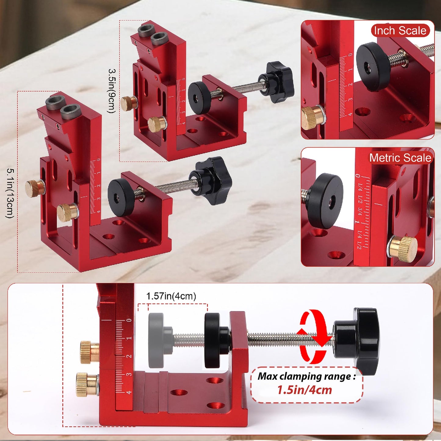 Pocket Hole Jig Kit for Beginners, Adjustable 15° Aluminum Woodworking Jig with Depth Stop & Dual-Scale Slider, Includes Drill Bit, 3-in-1 Hole Jig Kit for Cabinets, Furniture & DIY Table Leg Assembly