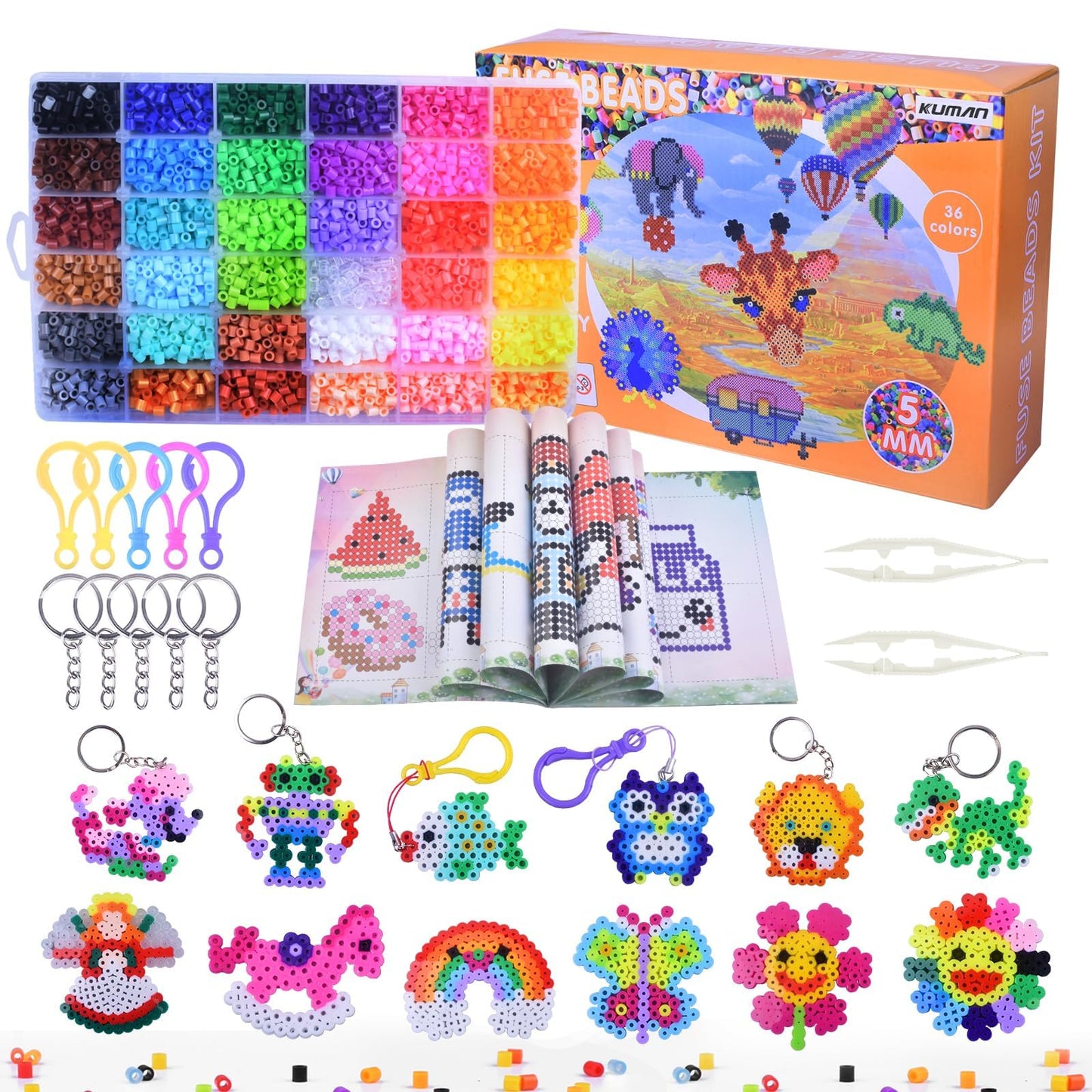 36 Colors Fuse Beads Kit, 10000 Pcs 5mm Melty Beads with 90 Patterns, 4 Pegboards, Ironing Paper and Accessories, DIY Craft Art Kit for Kids Ages 5-12, Gift