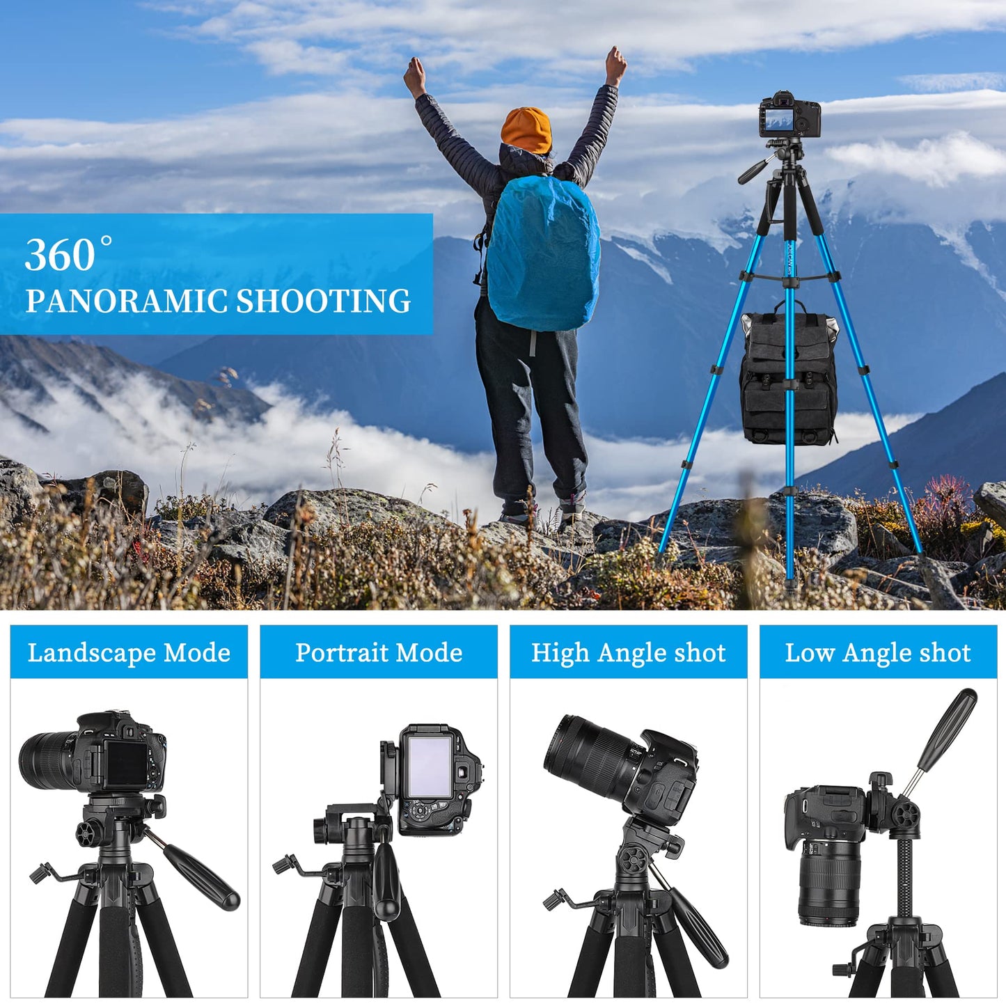 74" Tripod for Camera Cell Phone Video Photography, Heavy Duty Tall Camera Stand, Professional Travel DSLR Tripods Compatible with Canon Nikon iPhone, Max Load 15 LB