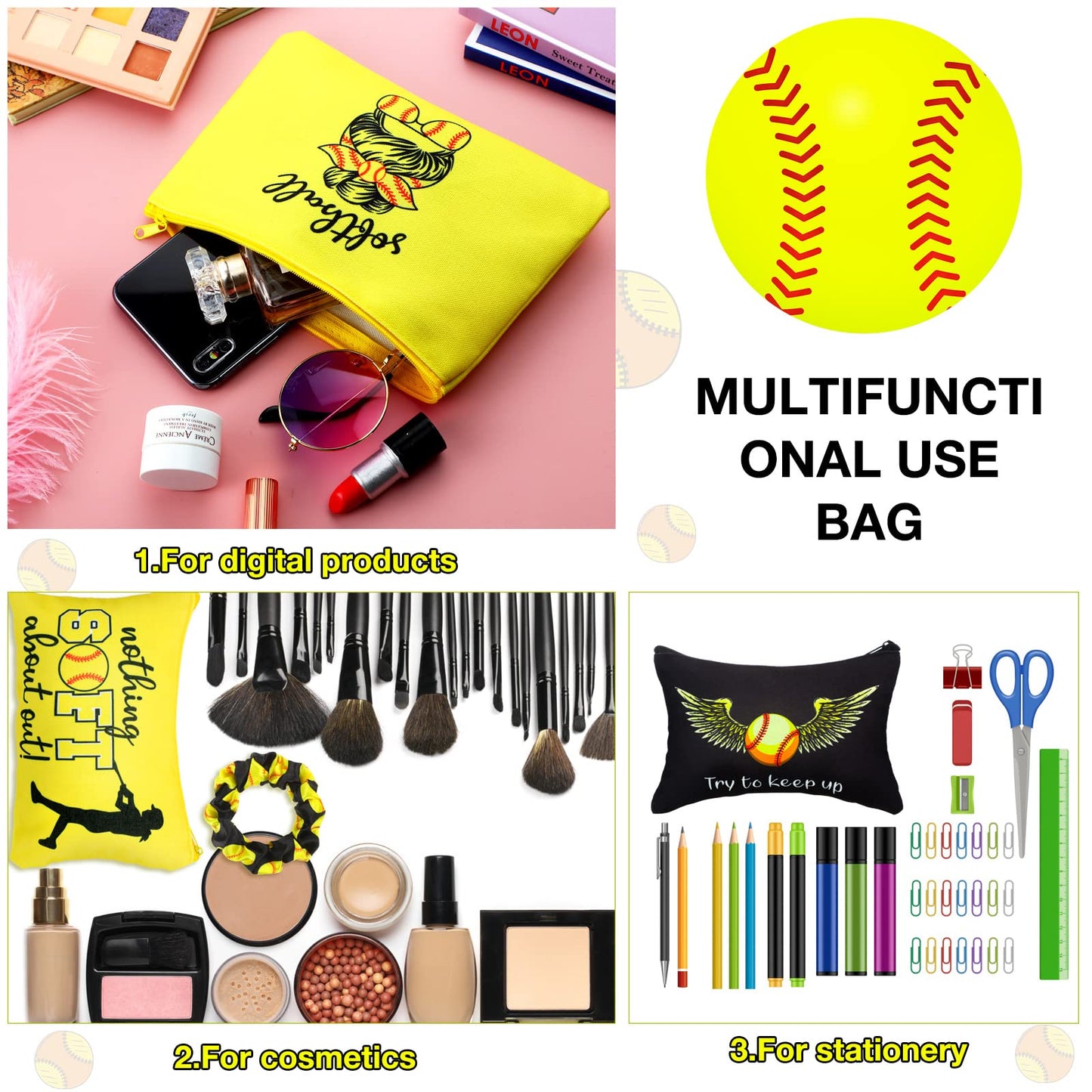 Kajaia 24 Pcs Softball Party Favors Softball Cosmetic Bag Sport Hair Scrunchies Bracelet Travel Pouch Canvas Makeup Bags Hair Ties Bands for Women Girls Team Gifts(Elegant)