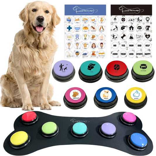 BOSKEY Set of 7 Dog Buttons for Communication Words 30-Second HD Recording Button Recordable Buttons - Waterproof Pads and 50 Stickers Train Your Dog to Voice What They Need