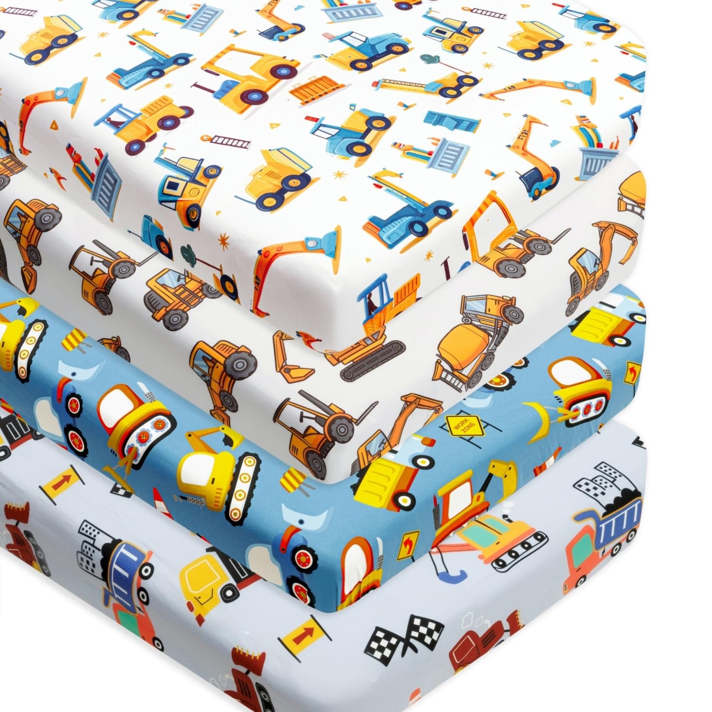 4 Pack Baby Boy Crib Sheets Set Soft Fitted Construction Truck or Dinosaur Theme Baby Boy Mattress Covers Breathable Toddler Sheets for Infant or Newborn Boys (Construction, Crib Sheets)