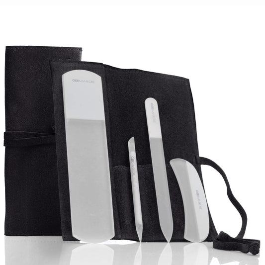 4pcs Manicure Set Genuine Czech Crystal Gray Glass Nail File Moon File Manicure Stick Pedicure Foot Care Bar in Black Leather by GERmanikure