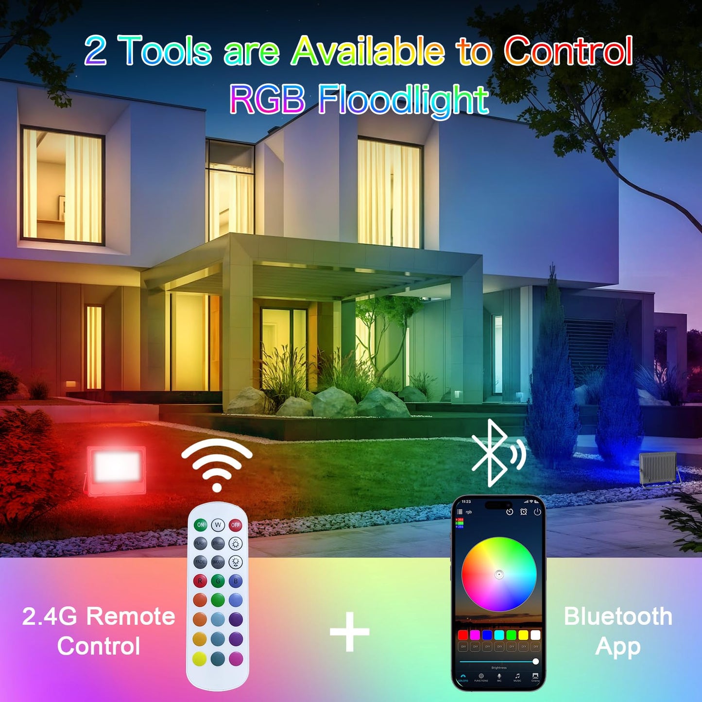 MEEKBOS 2-Pack 100W RGB LED Flood Lights Outdoor, 10000LM Color Changing Lights with Bluetooth App & 2.4G Remote Control, IP66 Waterproof, 16M Colors, Music Sync & Timer