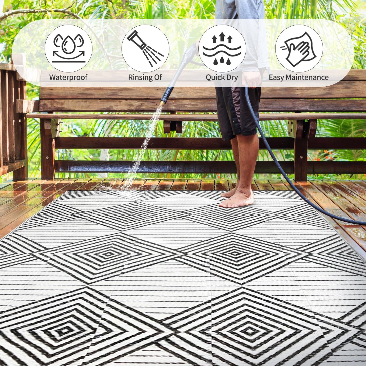 Waterproof Outdoor Rug 6x9ft, Foldable Reversible Plastic Straw Mat for Patio RV Deck Porch Backyard Balcony Camping Picnic Beach Indoor Outdoor Carpet, Black&White