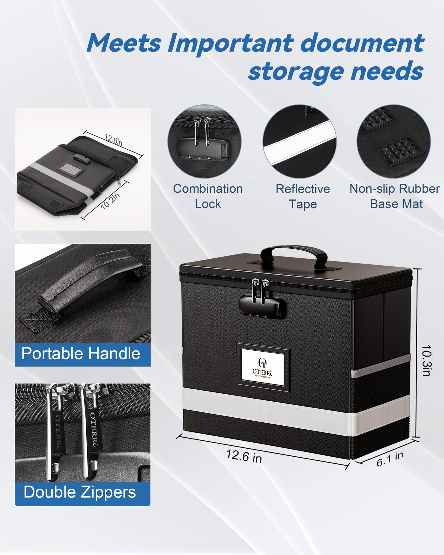 Oterri Fireproof Document Box with Lock, Letter File Box, Portable Fire Safe Box with Handle, Waterproof Important Document Organizer Storage Safe Box for Home Travel Office (Black)