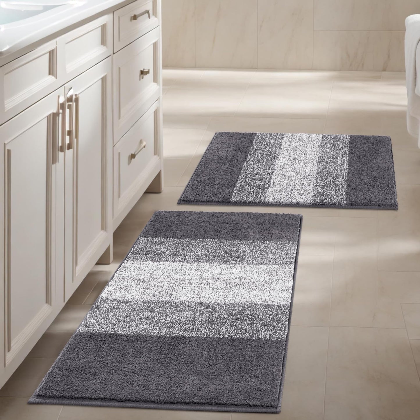 Vaukki Luxury Soft Bathroom Rugs Set of 2, Non Slip Washable Plush Bath Floor Mats, Microfiber Shaggy Absorbent Striped Bath Carpet for Tub, Bathroom and Shower (18''x26''+20''x32'', Grey)