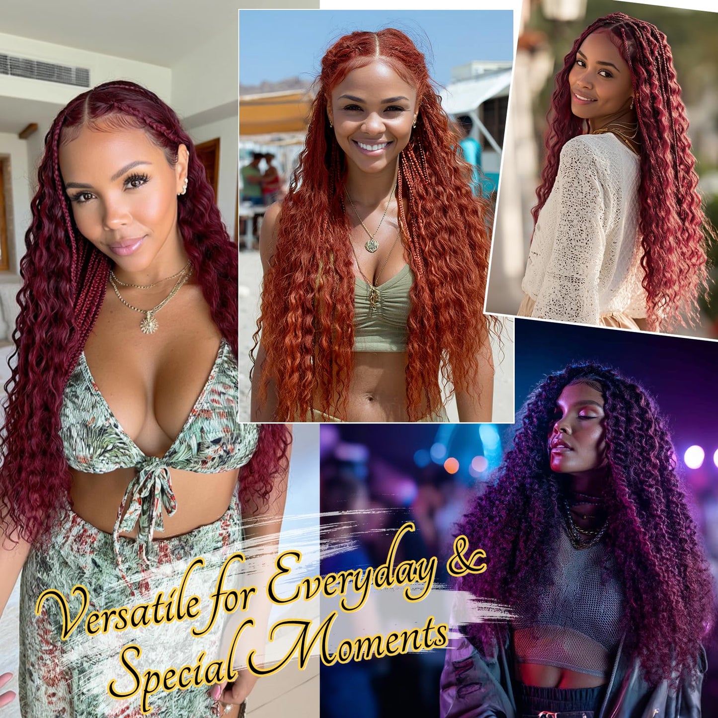 BARSDAR Ocean Wave Crochet Braiding Hair - 22 Inch 6 Packs Deep Wave GoGo Curl Crochet Hair for Women - Soft Synthetic Boho Braids Water Wavy Long Curly Braiding Extensions - Burgundy Red